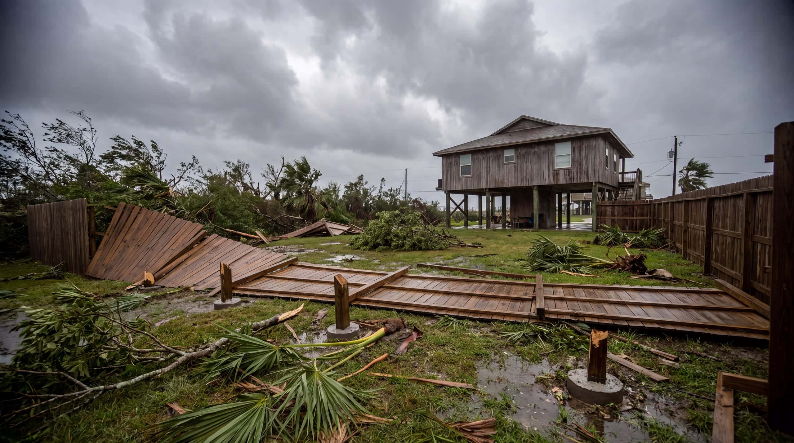 A wood fence flattened across a coastal back yard after a Gulf storm