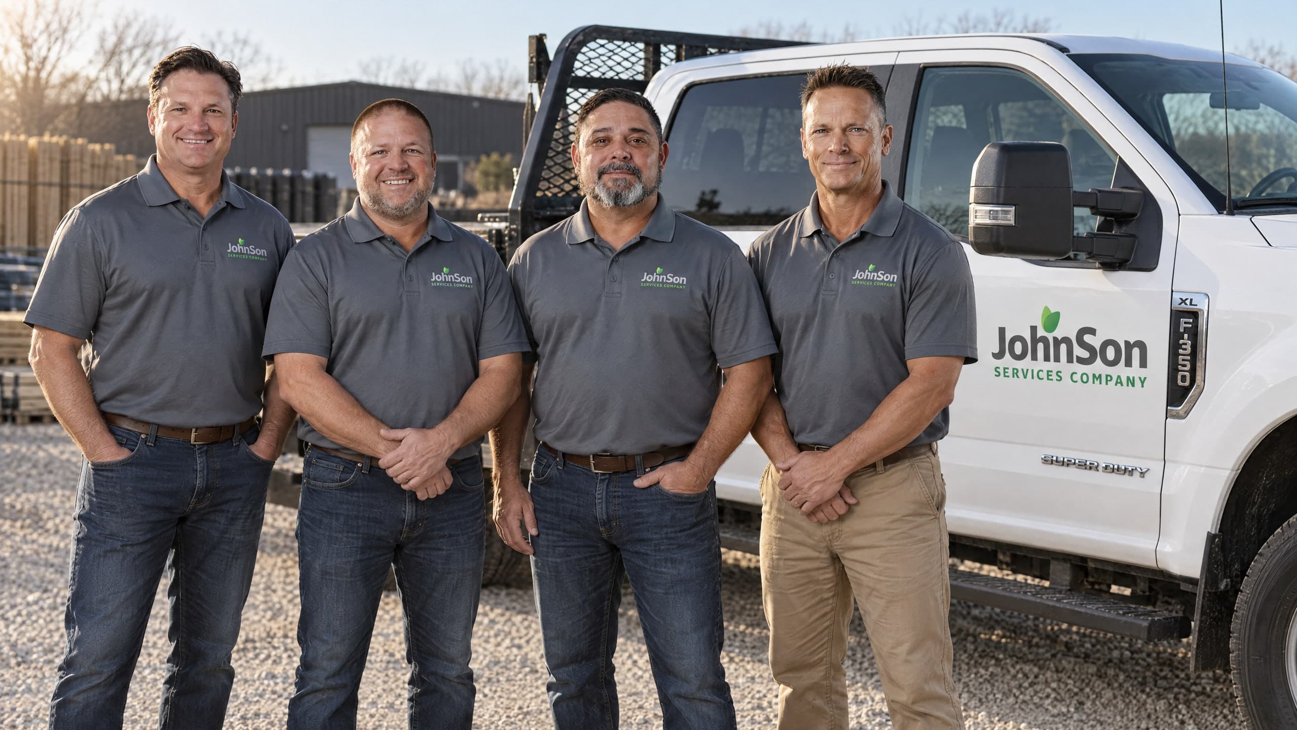 Four of the Johnson Services Company leadership team standing in front of a company truck at a fence yard.