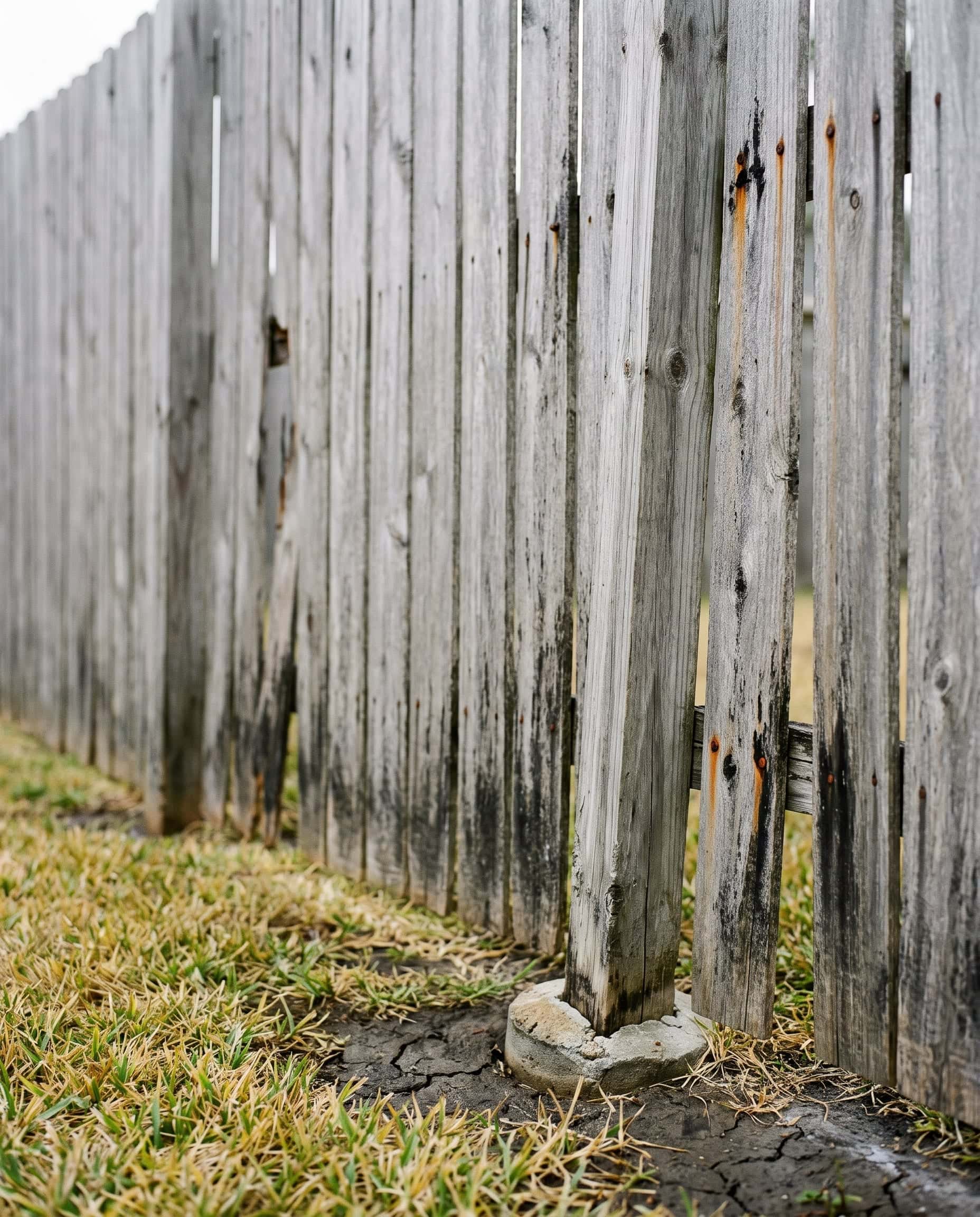 The base of an aging wood fence: silvered pickets rotted at the ends, a post leaning out of plumb, soil shrunk away from the concrete collar