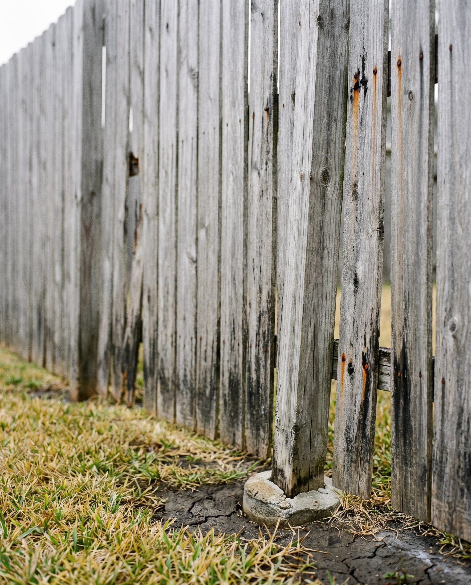 The base of an aging wood fence: silvered pickets rotted at the ends, a post leaning out of plumb, soil shrunk away from the concrete collar