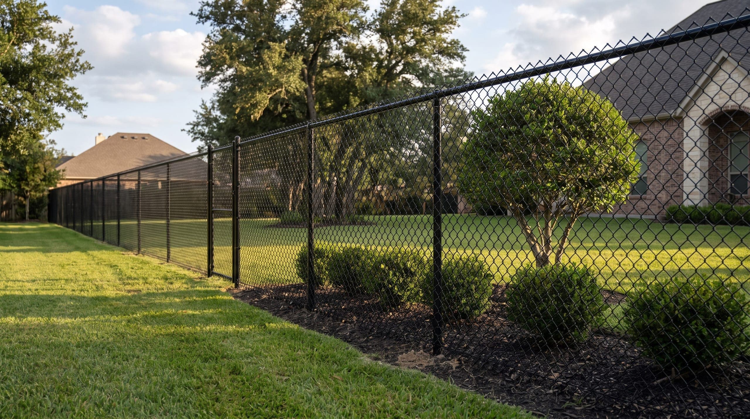 A black coated chain link fence along a back yard tree line, with a matching walk gate at the far end