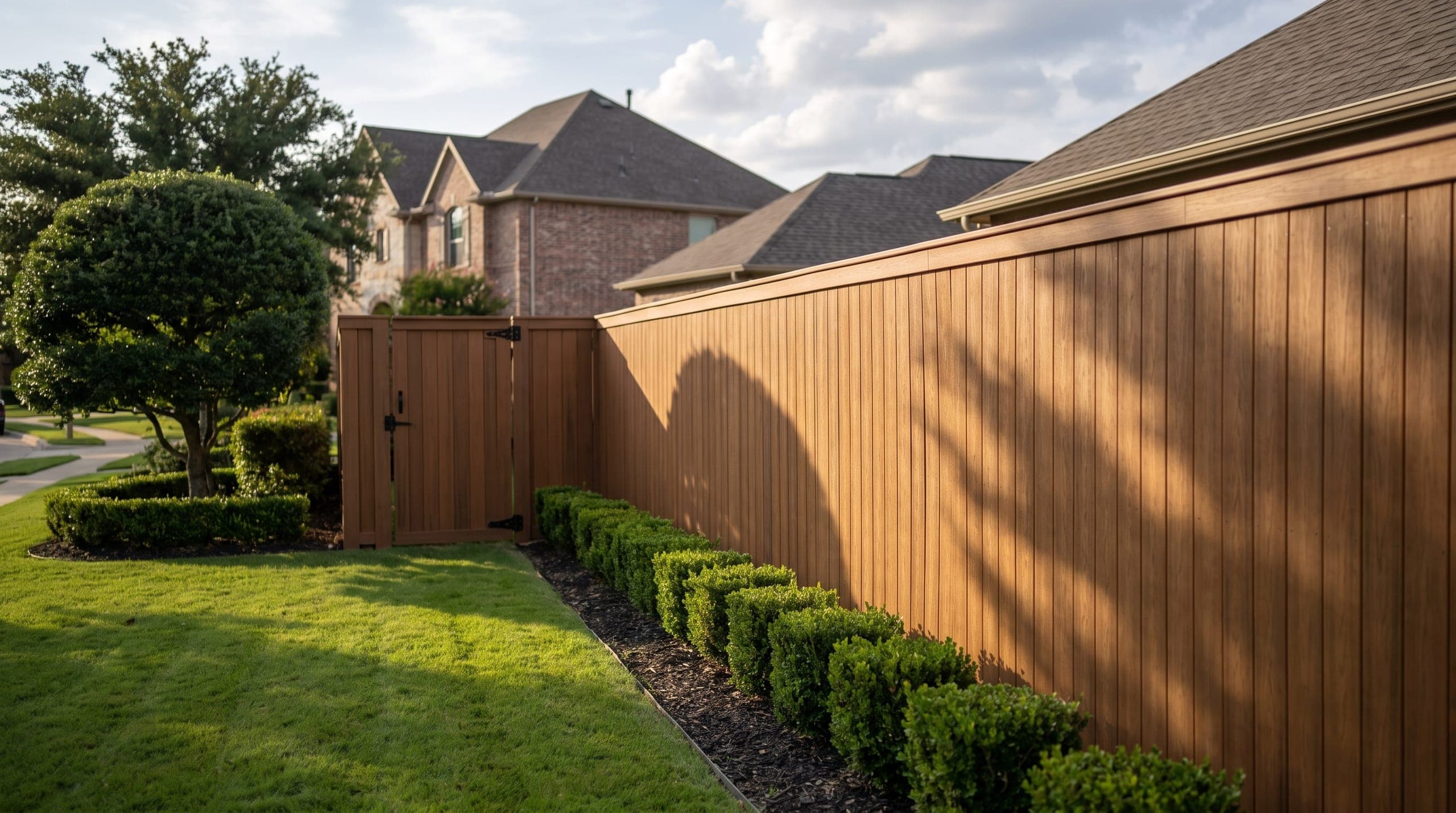A brown composite privacy fence with a flat cap and a matching gate, along a back garden bed at golden hour