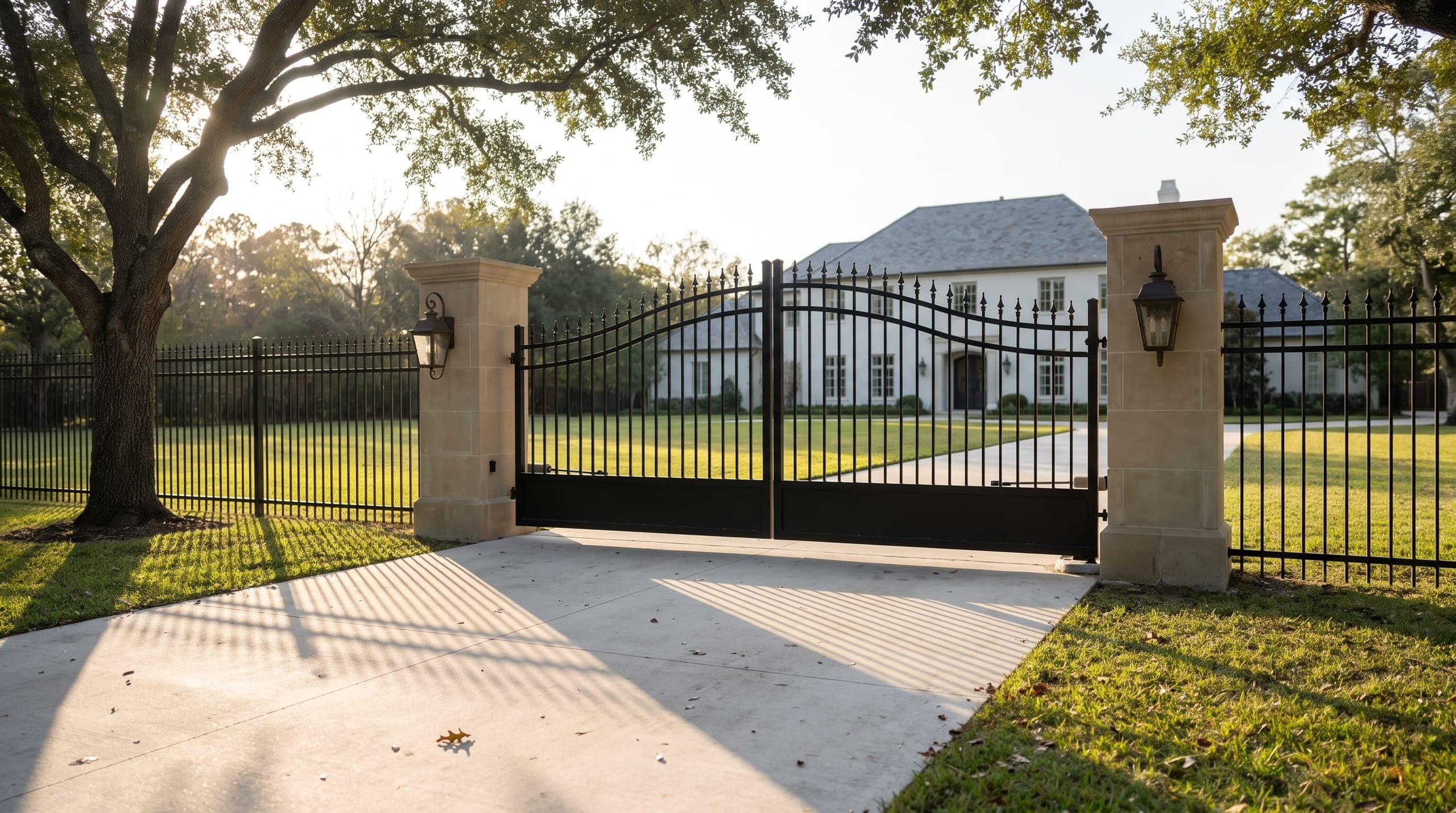 An arched dual-leaf ornamental iron driveway gate between limestone columns, with the fence leaving each column