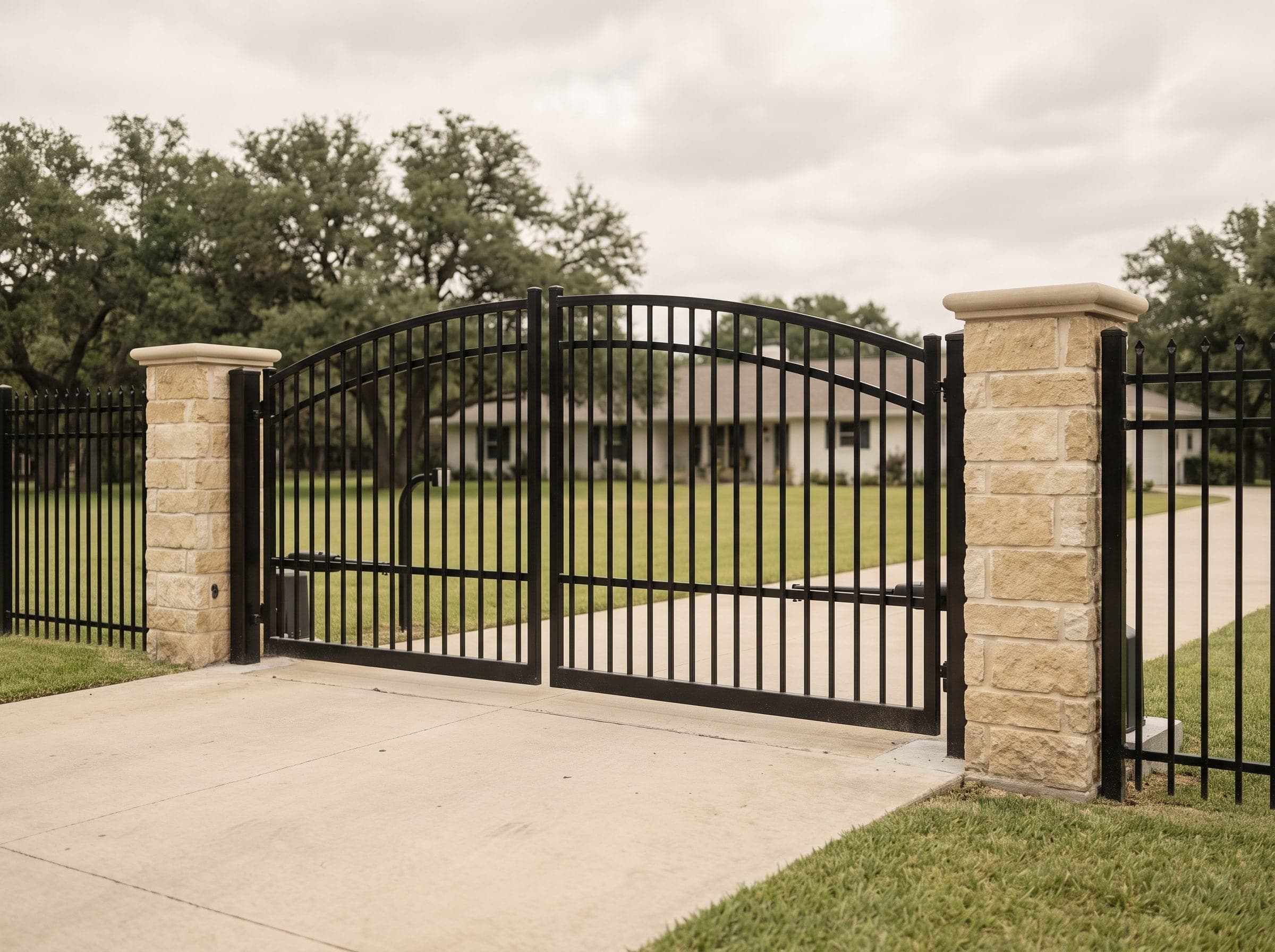An iron driveway gate on masonry columns, built by Johnson Services Company.