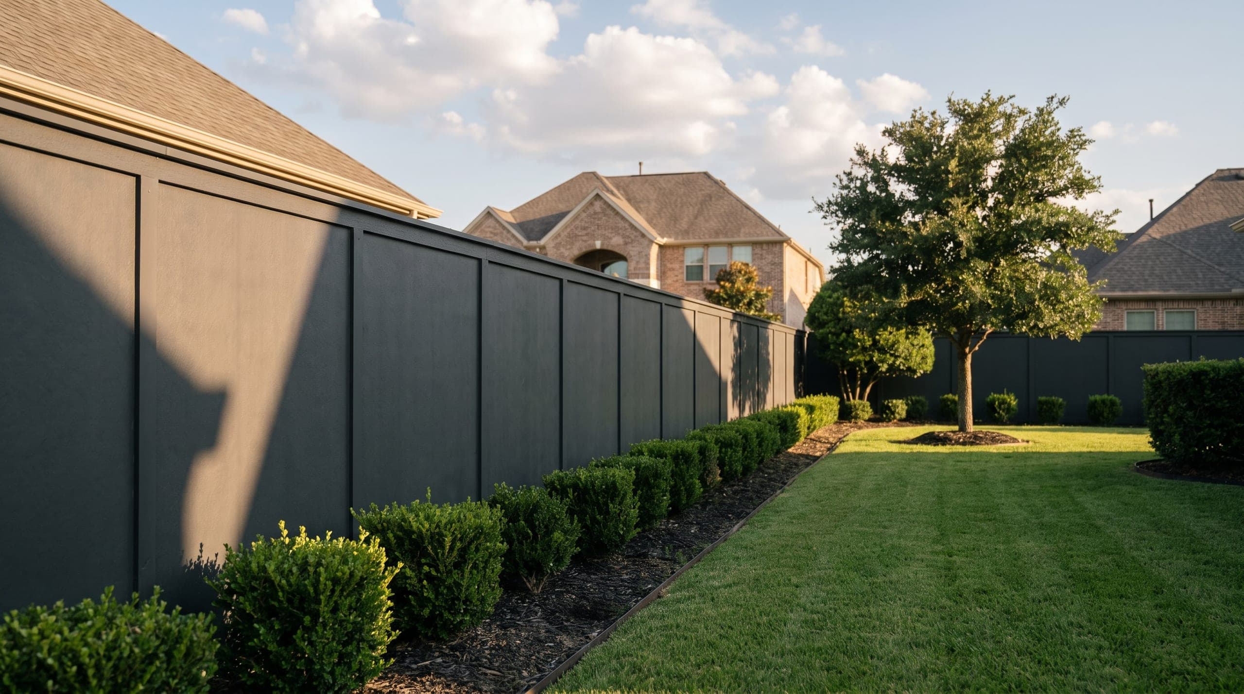 A charcoal painted fiber cement panel fence with a flat cap and battens, along a back garden with a live oak