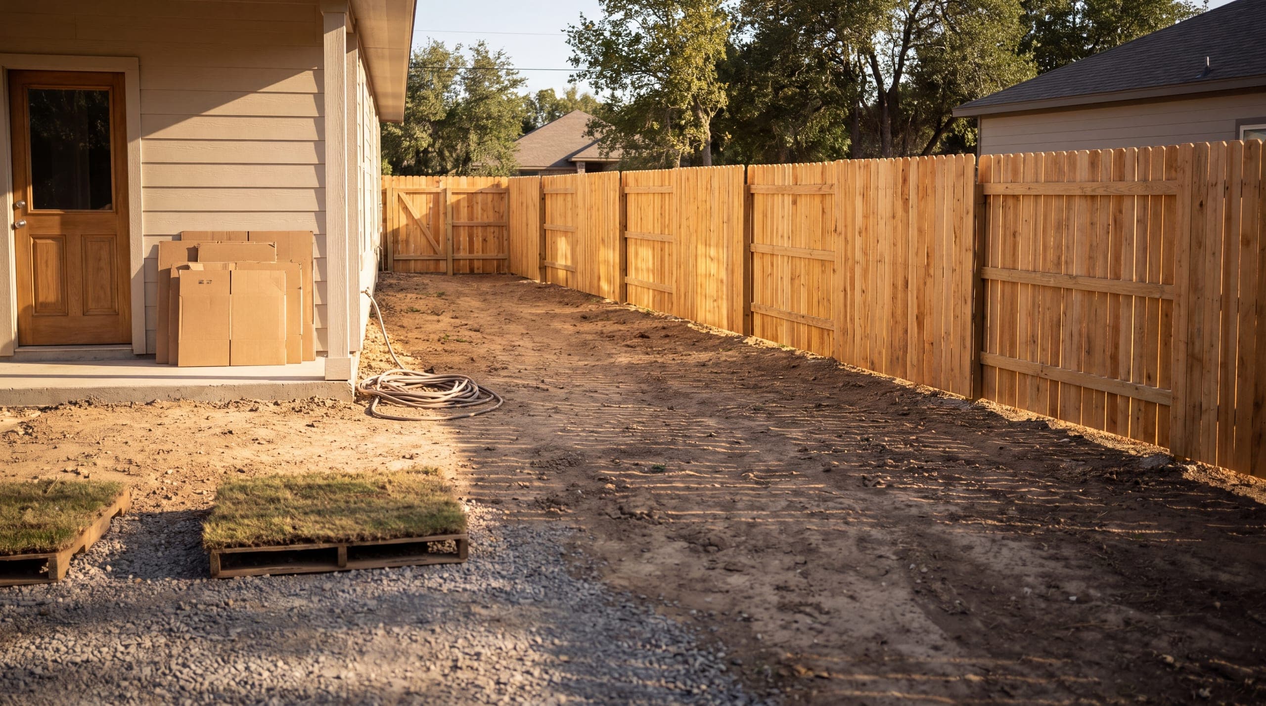A new cedar fence at a home just moved into, the yard still raw