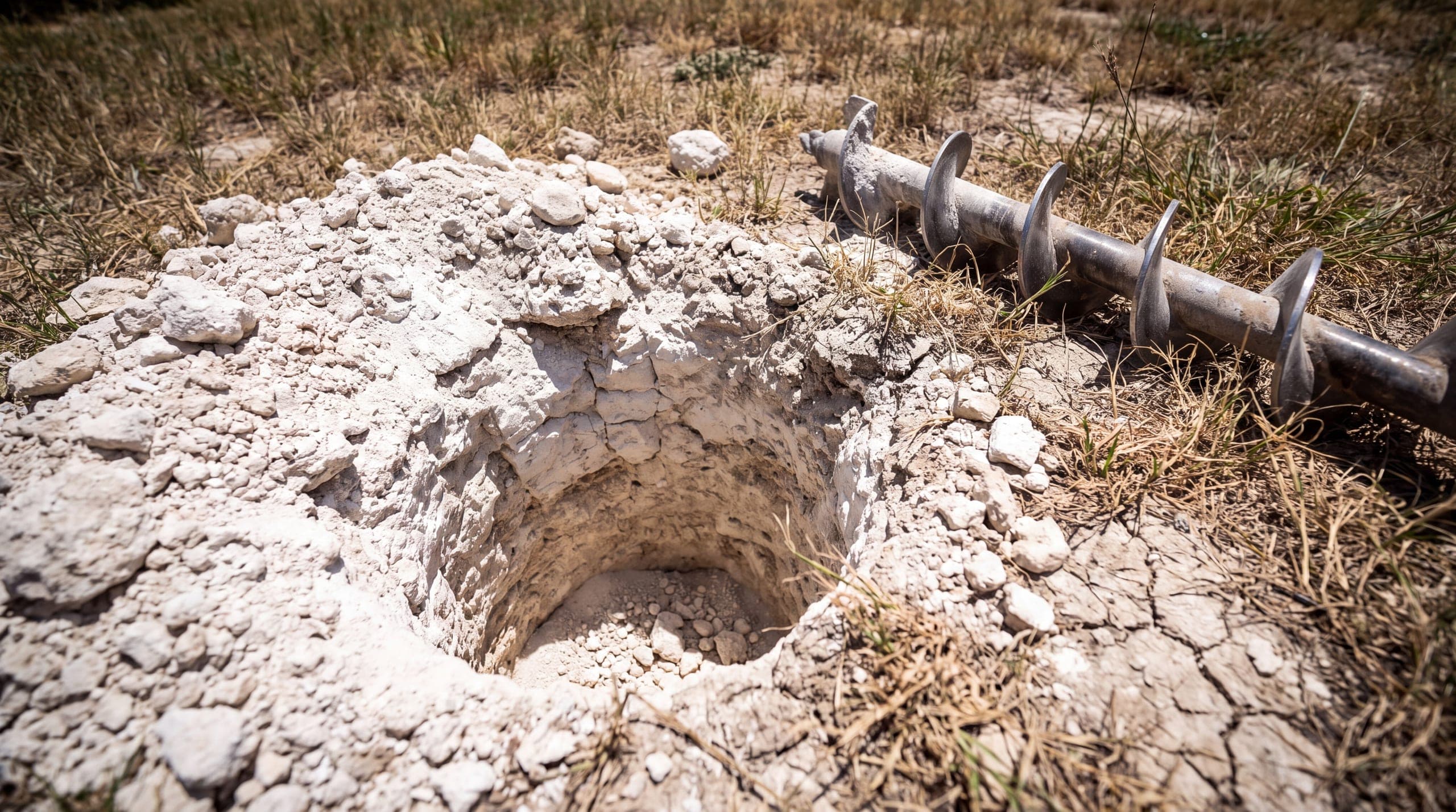 A freshly augered post hole cut into white caliche and fractured limestone