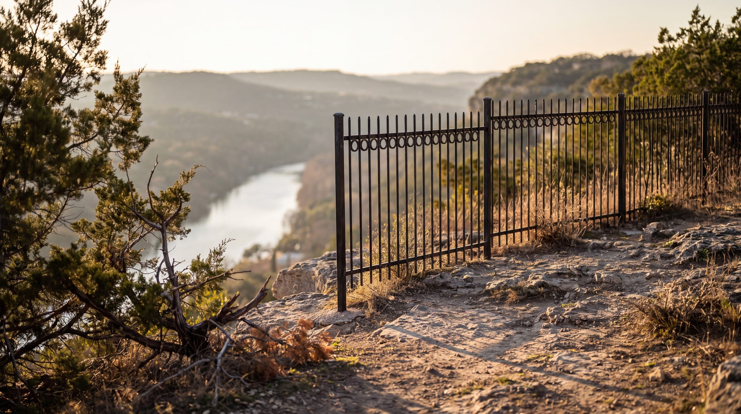 Ornamental iron along the back edge of a lot where the ground falls into a canyon