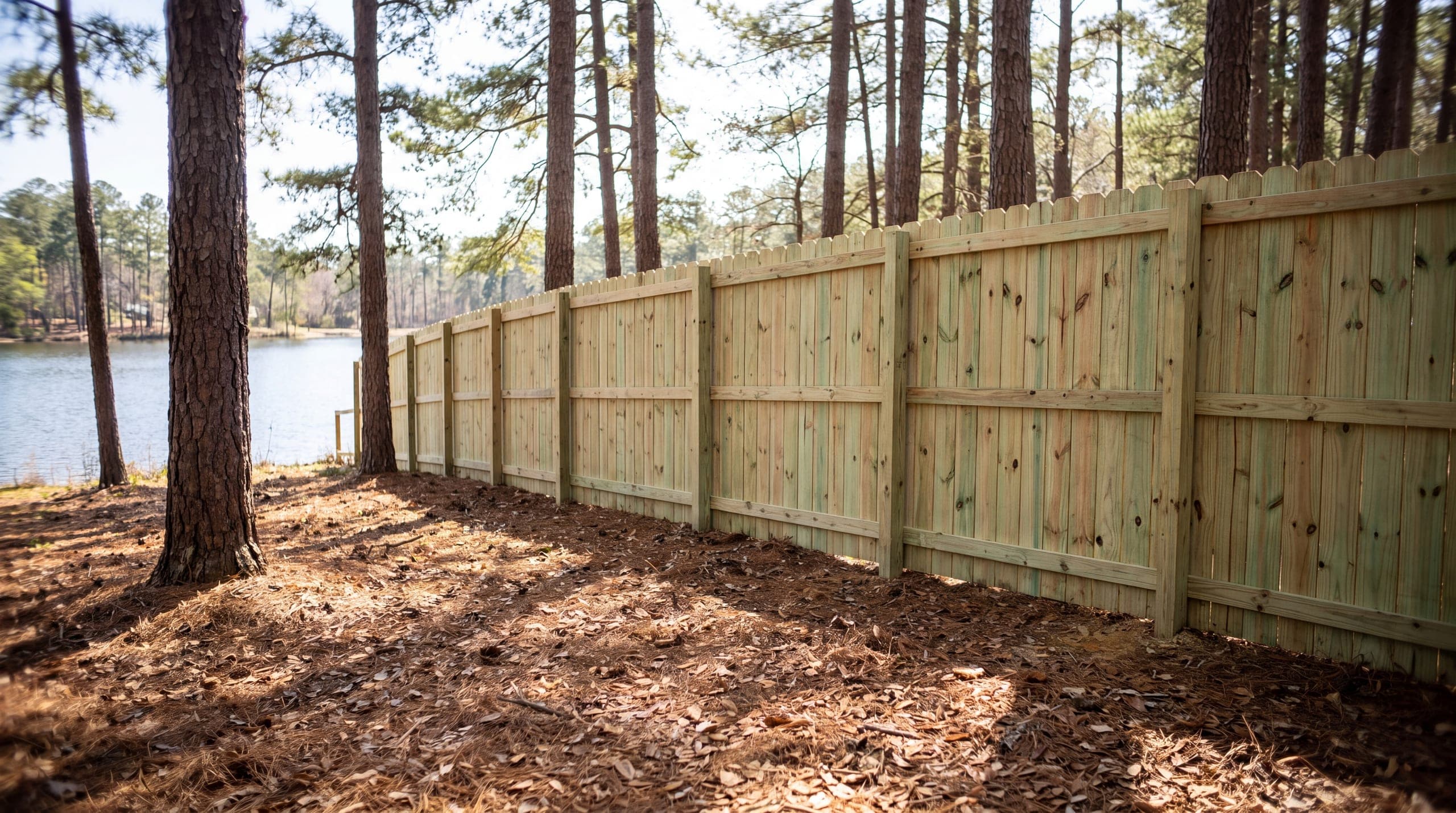 A new pressure-treated pine fence on a wooded lake lot, the lumber still green