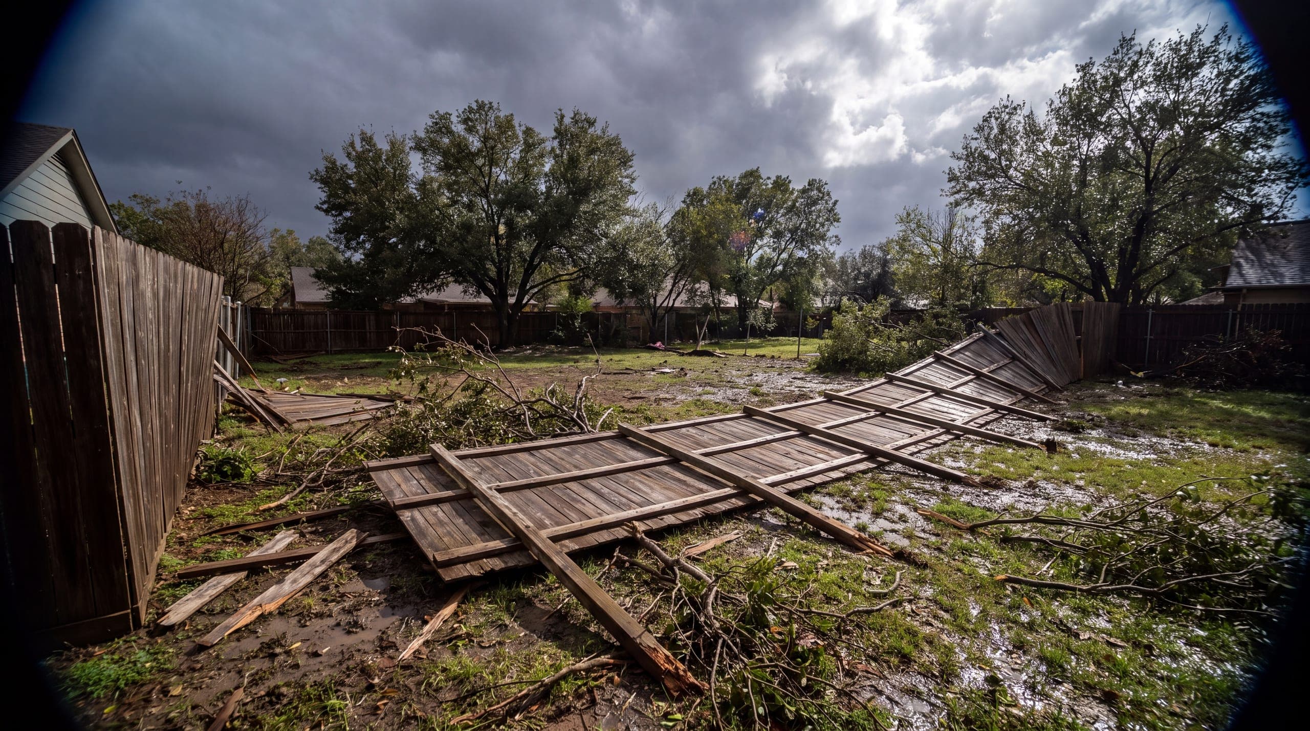 A fence down along its whole length after a spring windstorm, posts snapped at grade