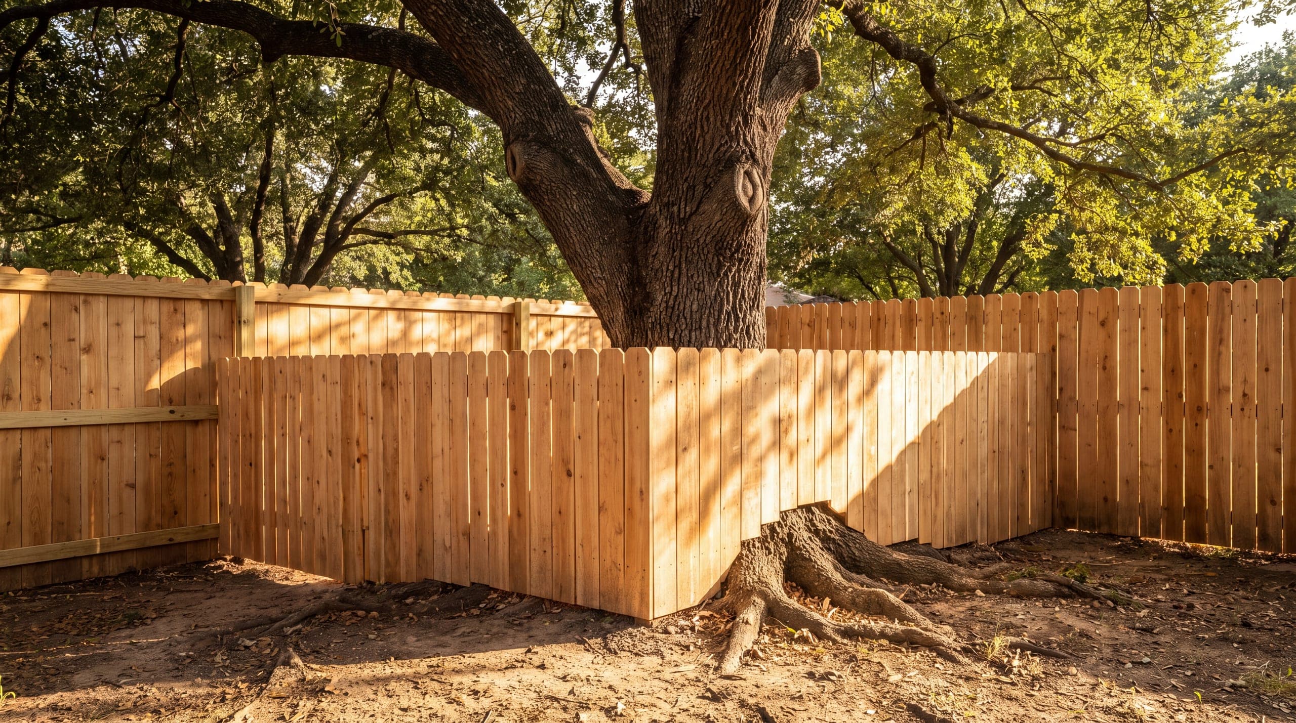 A new cedar fence stepping out and around the trunk and roots of a mature live oak