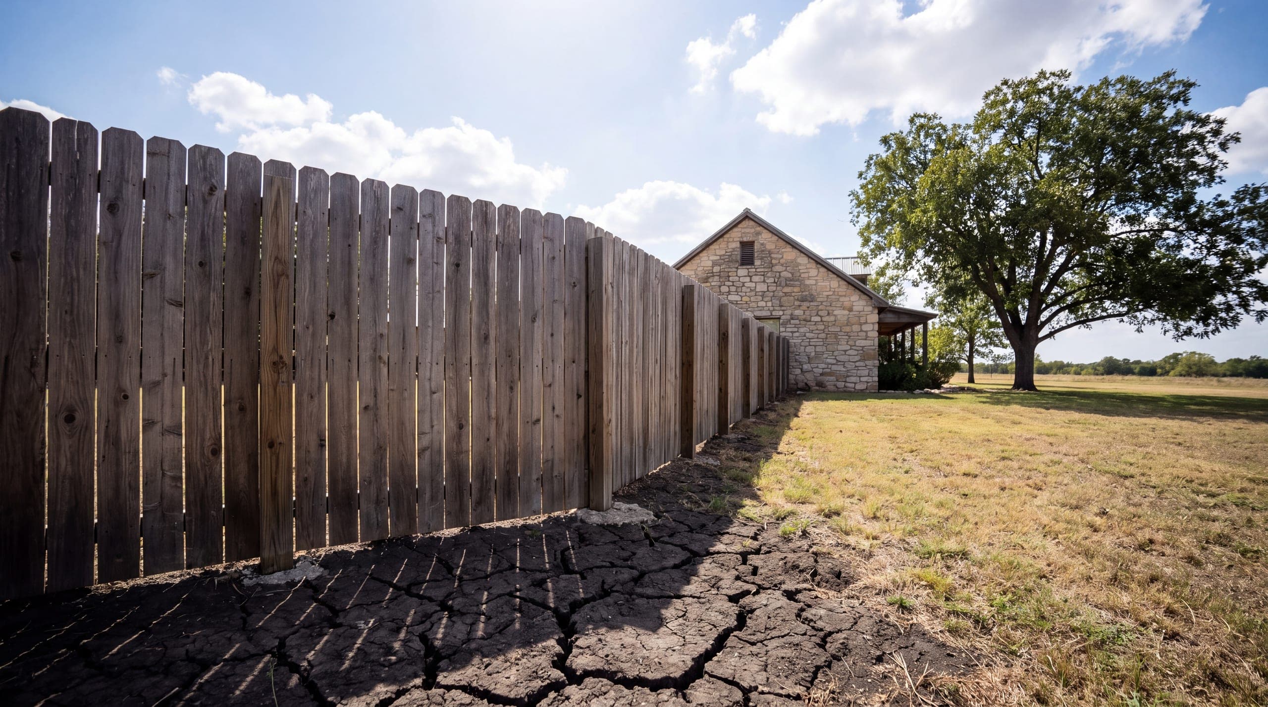 Blackland clay cracked open in wide dry seams at the base of a cedar fence