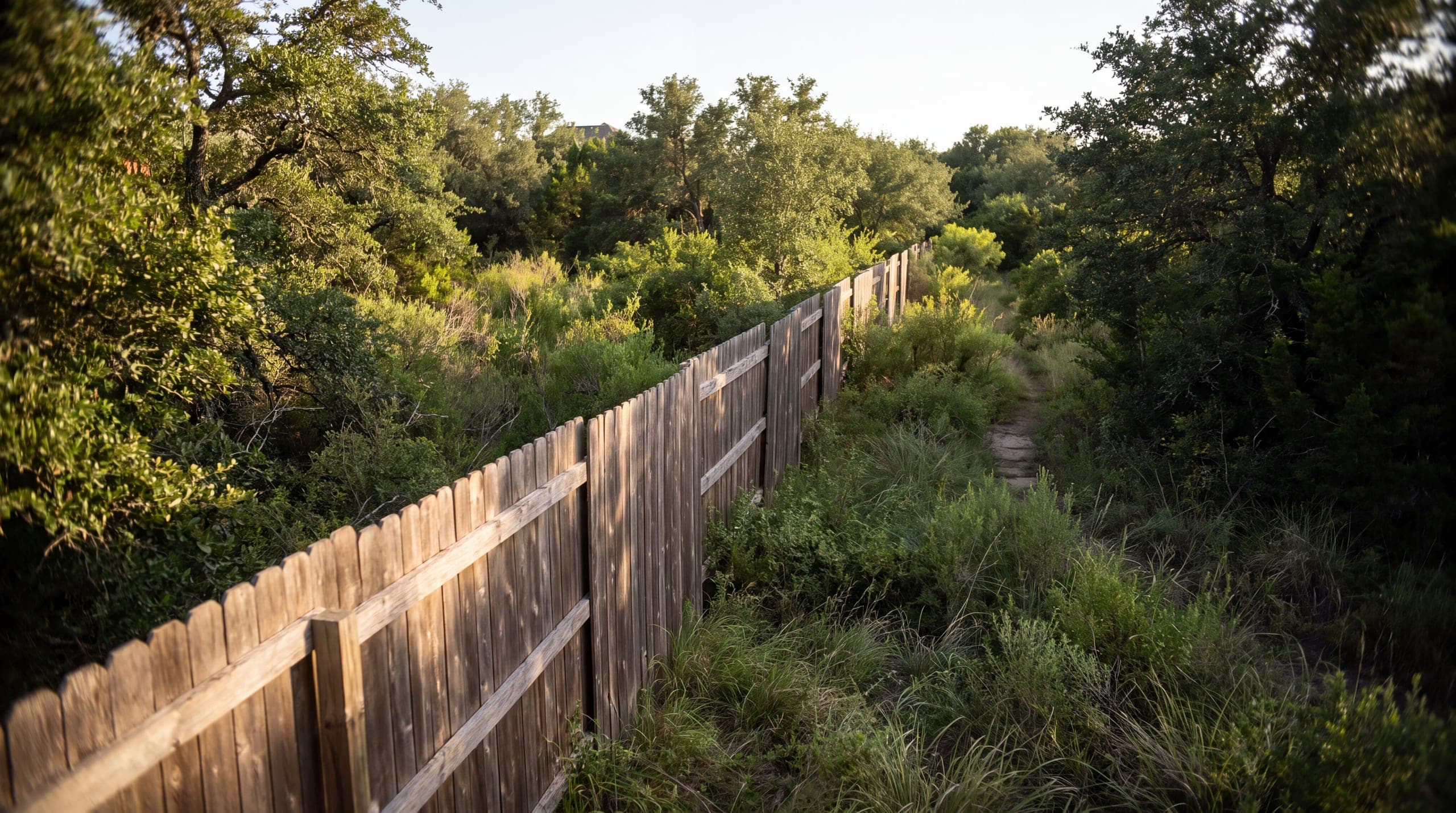 A cedar fence marking the back boundary where an Austin lot meets a wooded greenbelt