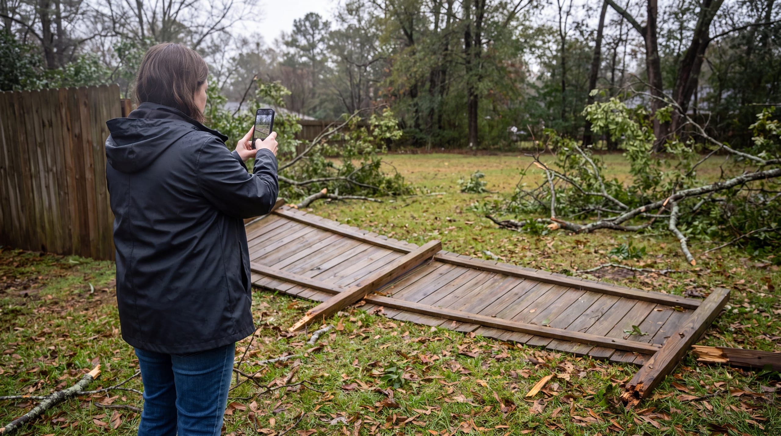 A homeowner photographing a wind-damaged fence on her phone for a claim