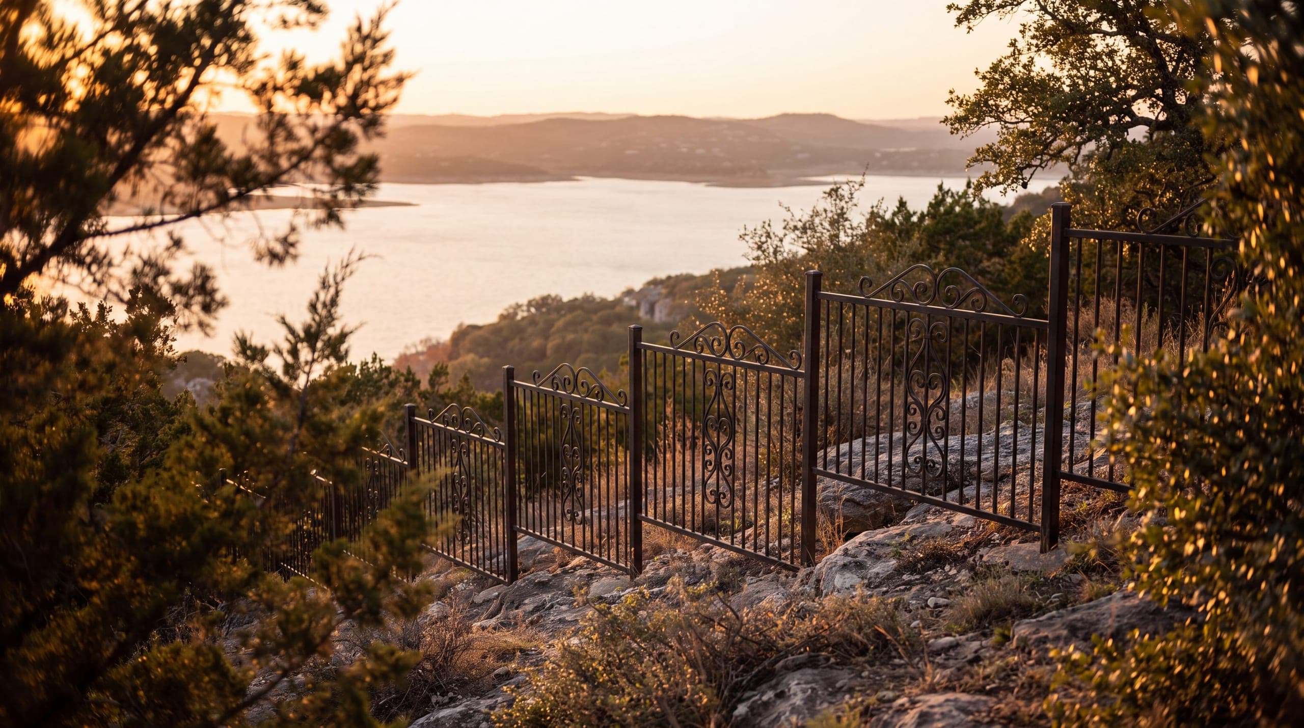 Ornamental steel stepping down a limestone grade above Lake Travis