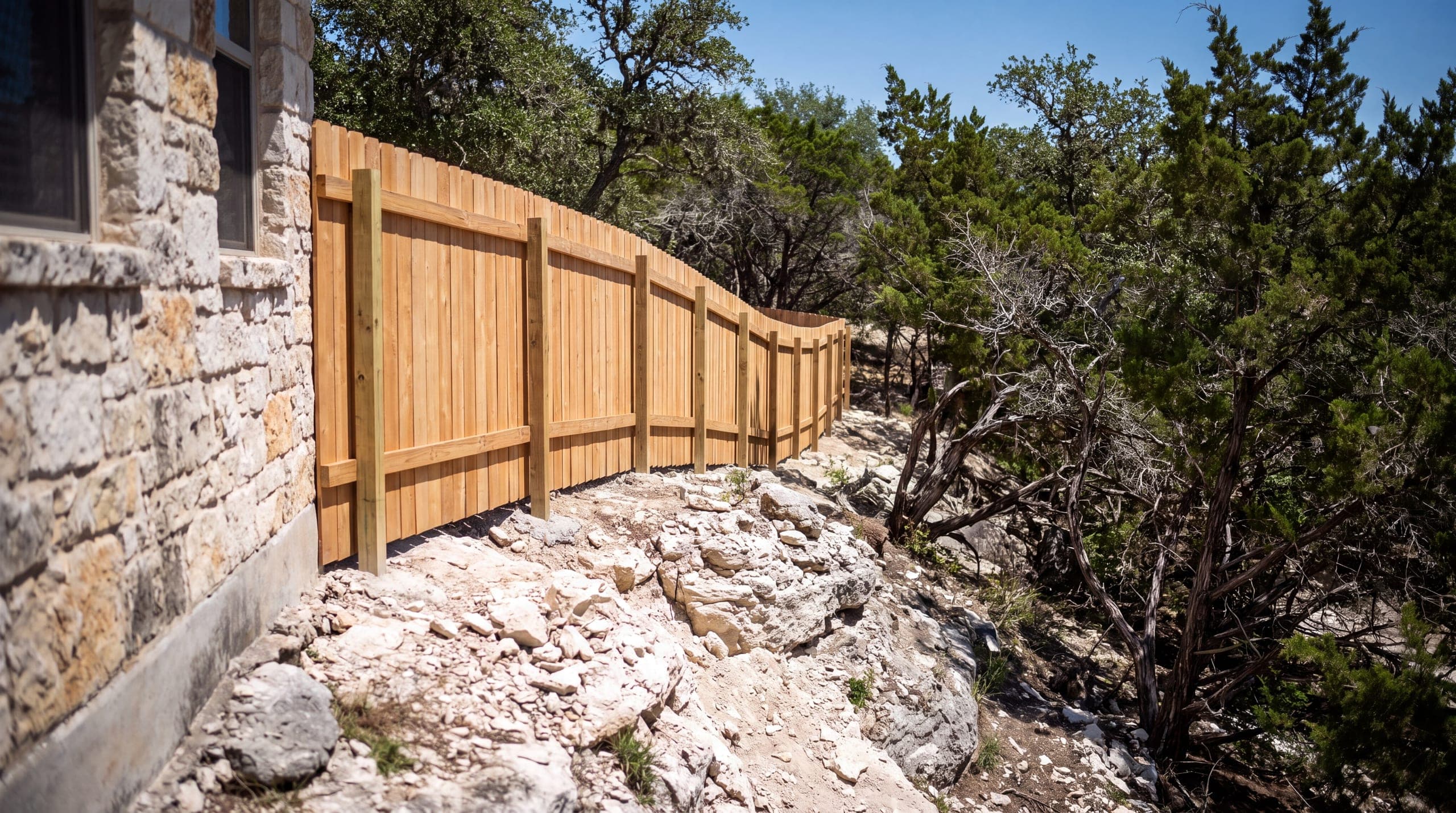 A cedar fence racked down a steep limestone grade beside a Hill Country house