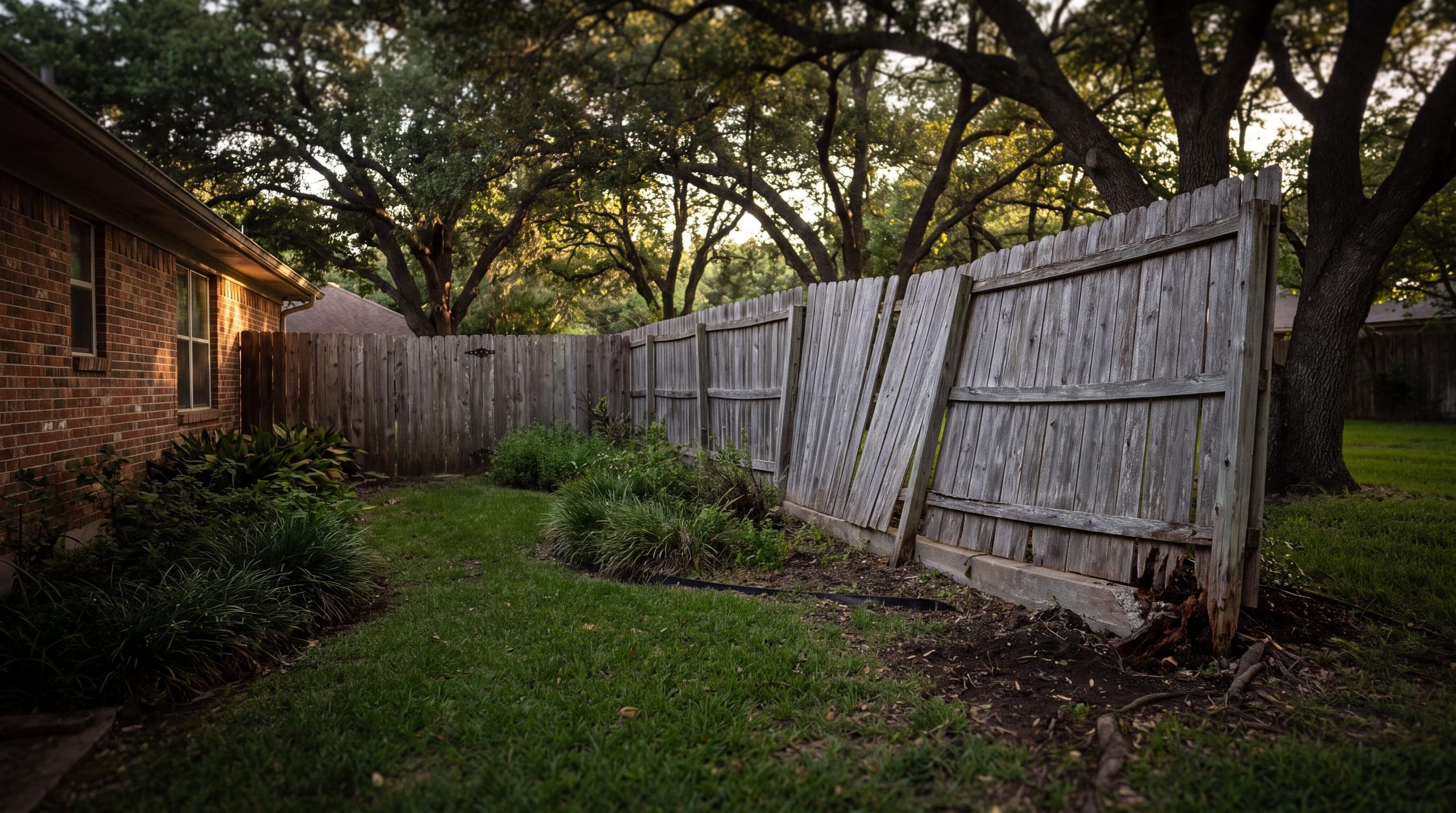 A greyed cedar fence at the end of its life under mature live oaks behind an established brick home