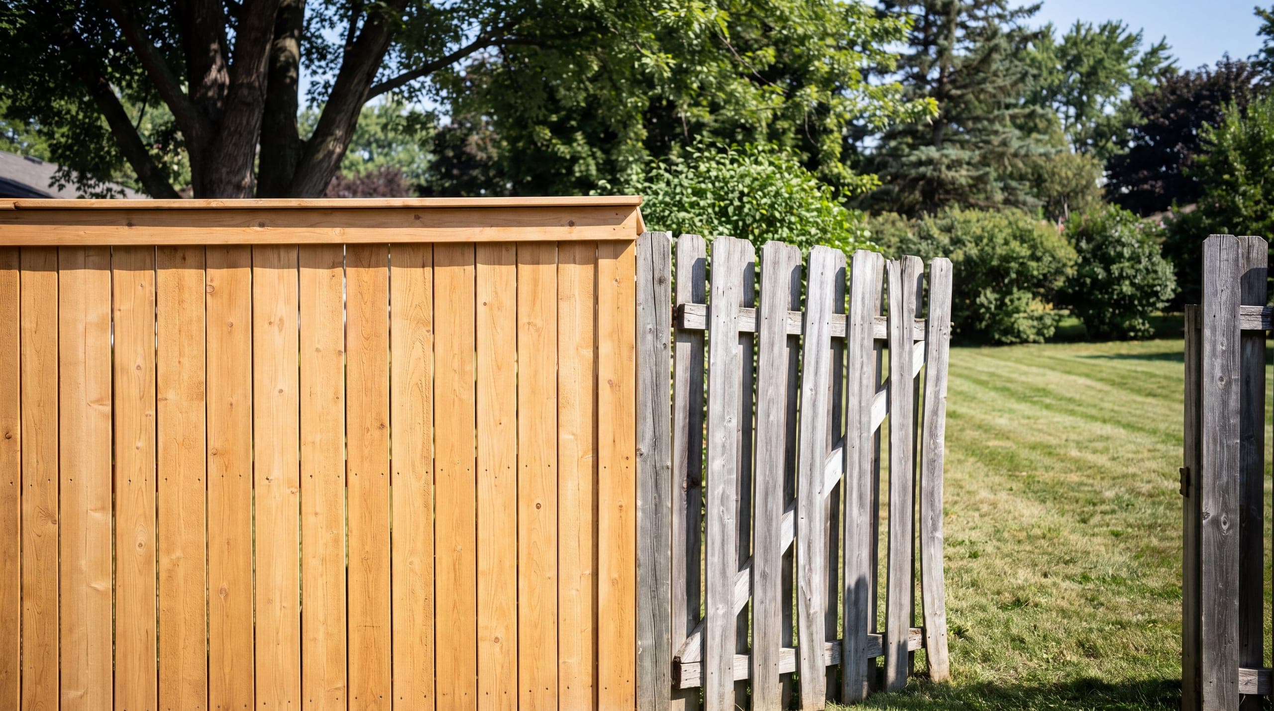 A new cedar fence butting against the old grey one it replaced, at the corner where two yards meet