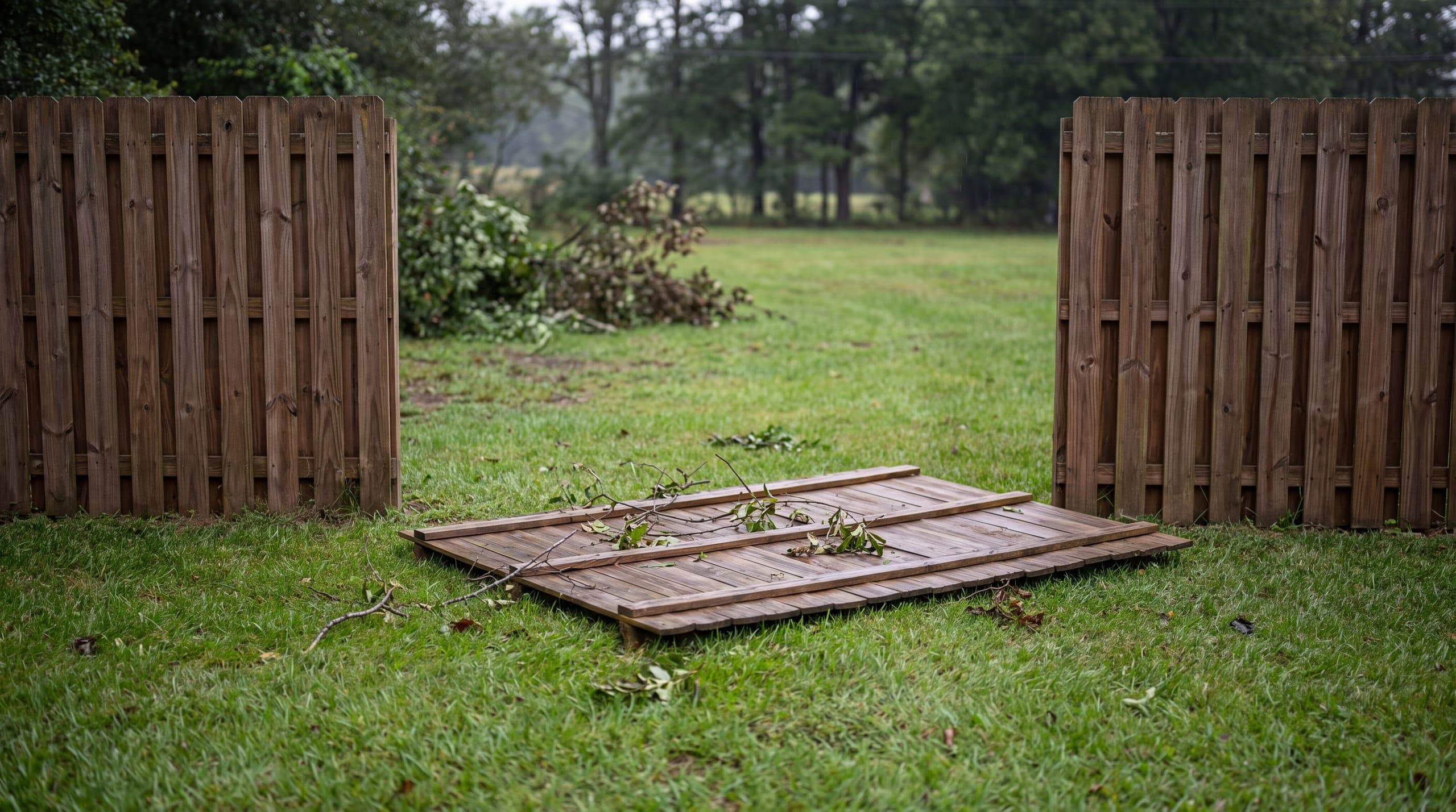 One section of fence flat on the lawn while the line on either side stands undamaged