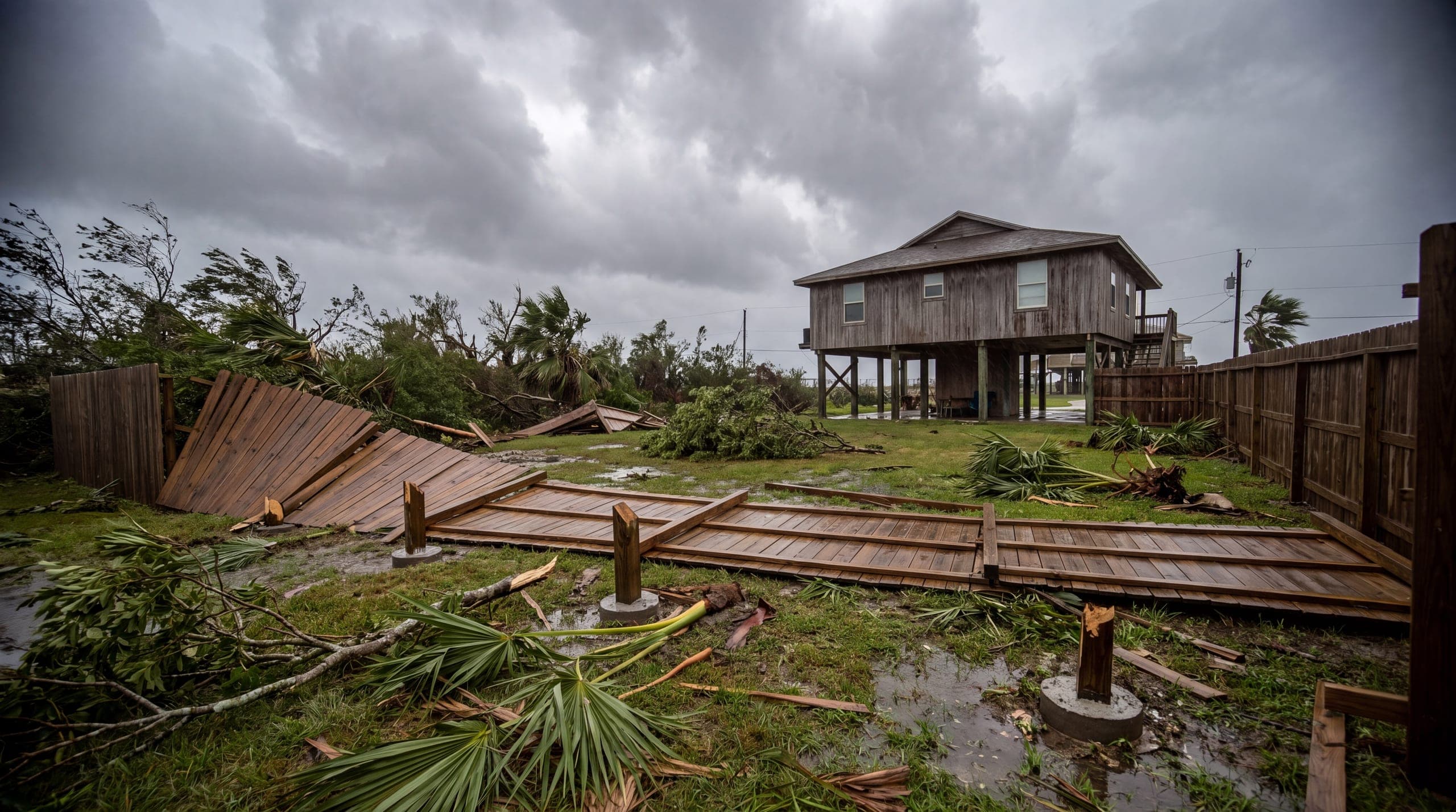 A wood fence flattened across a coastal back yard after a Gulf storm