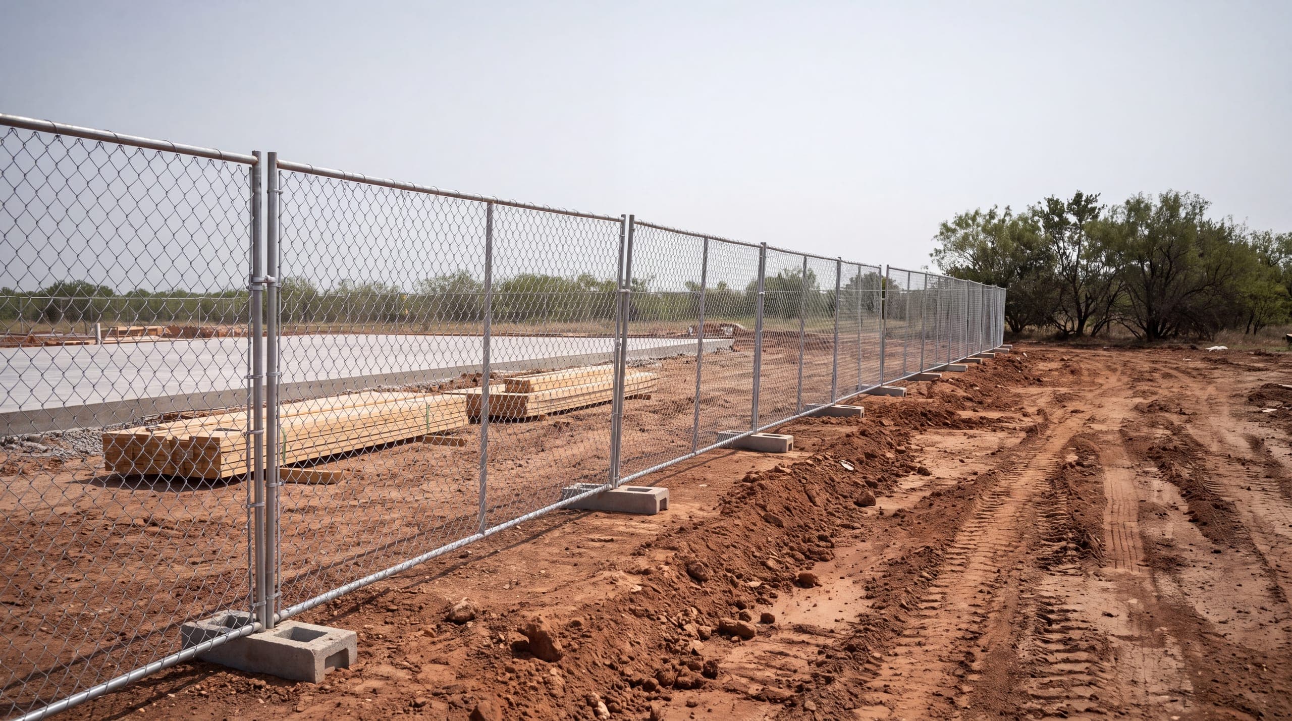 Temporary chain link panels on weighted feet along the edge of a Texas construction site