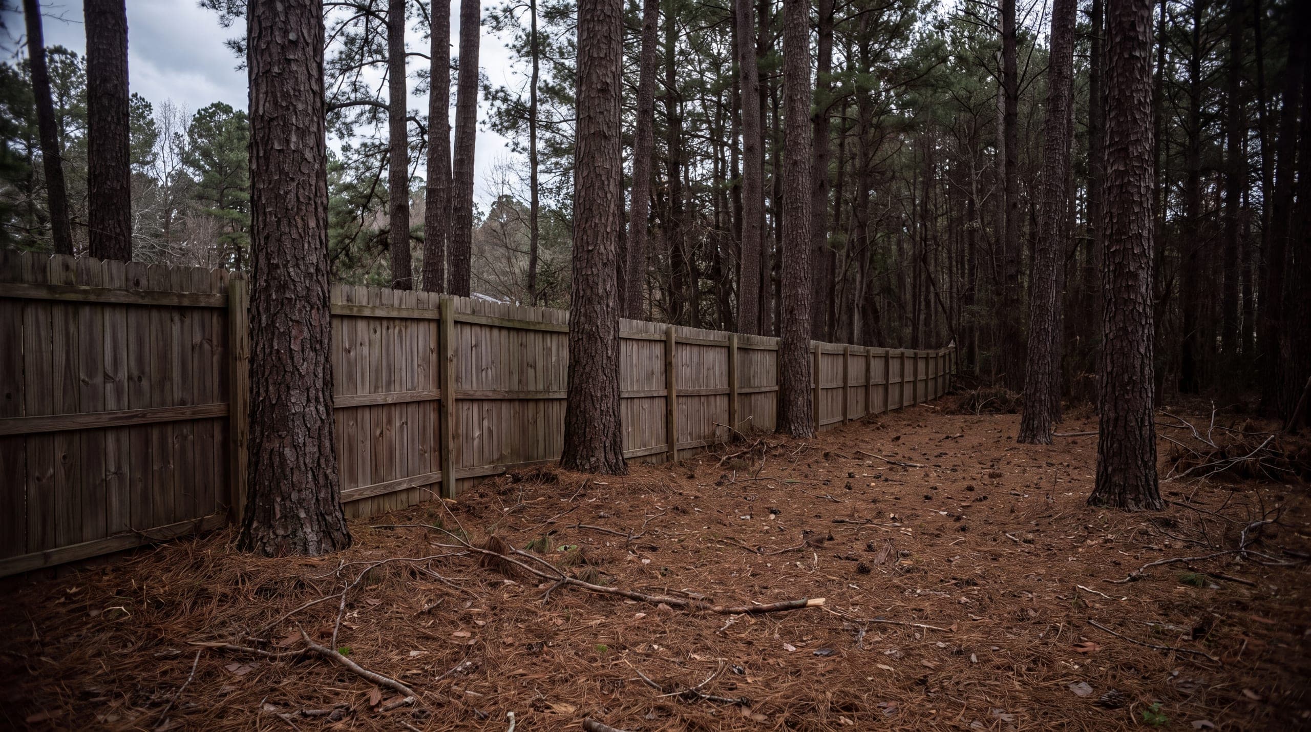 A cedar fence threaded between loblolly pines on a heavily wooded lot