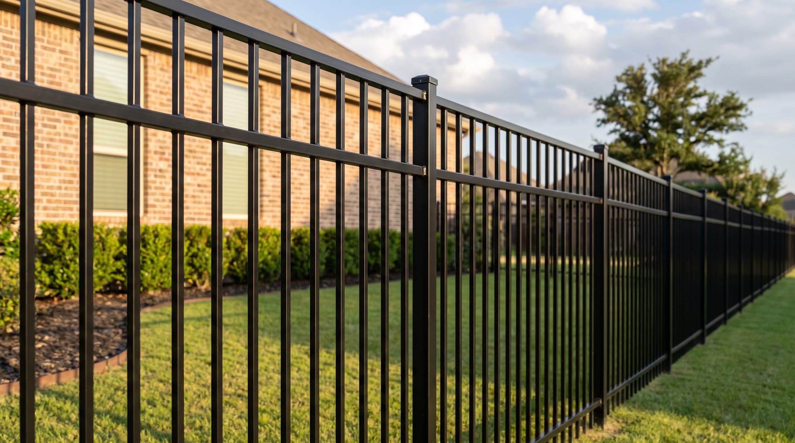 A flat-top ornamental steel fence along a front lawn, with a matching walk gate set into it