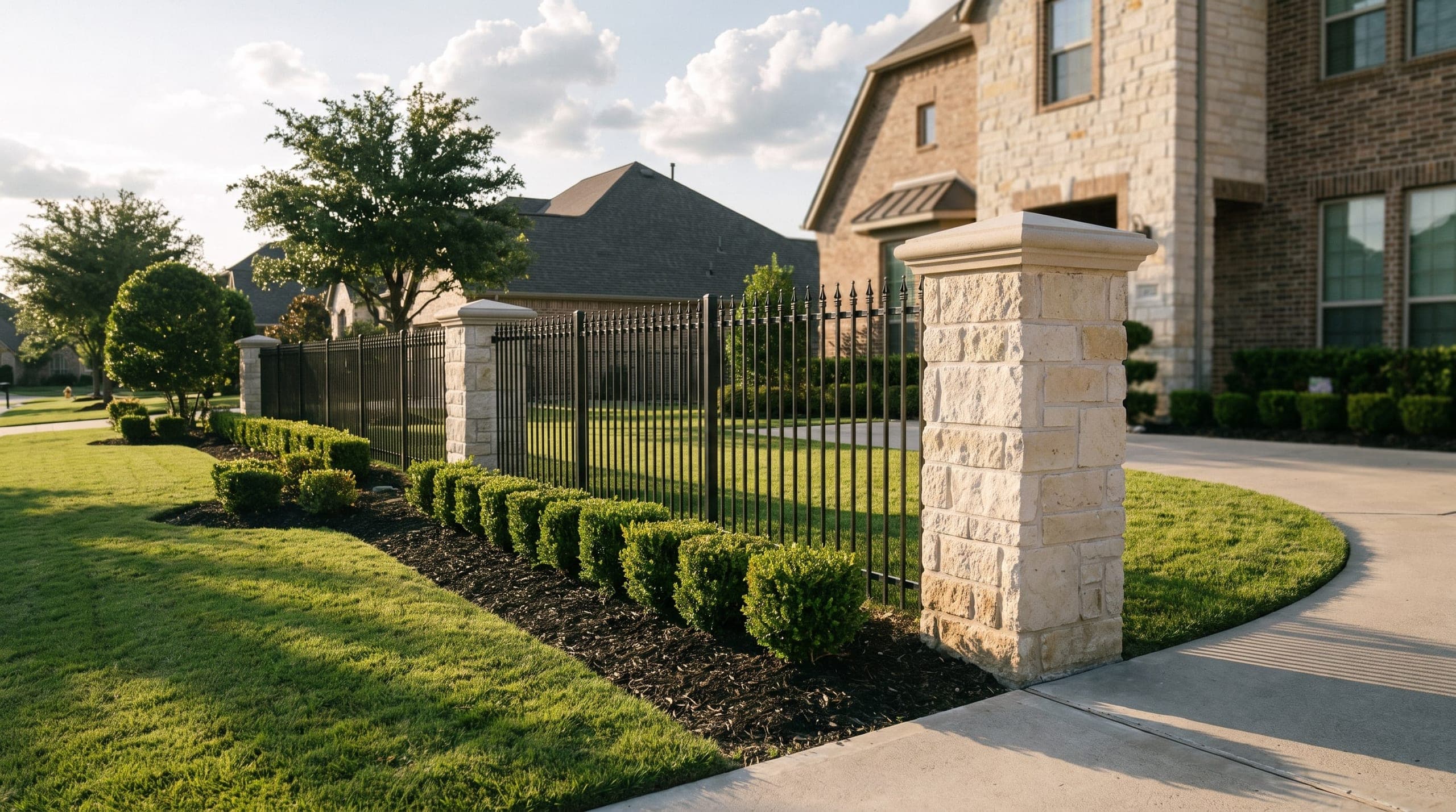 A pair of limestone columns with cast stone caps at a driveway, with iron panels leaving the outer column