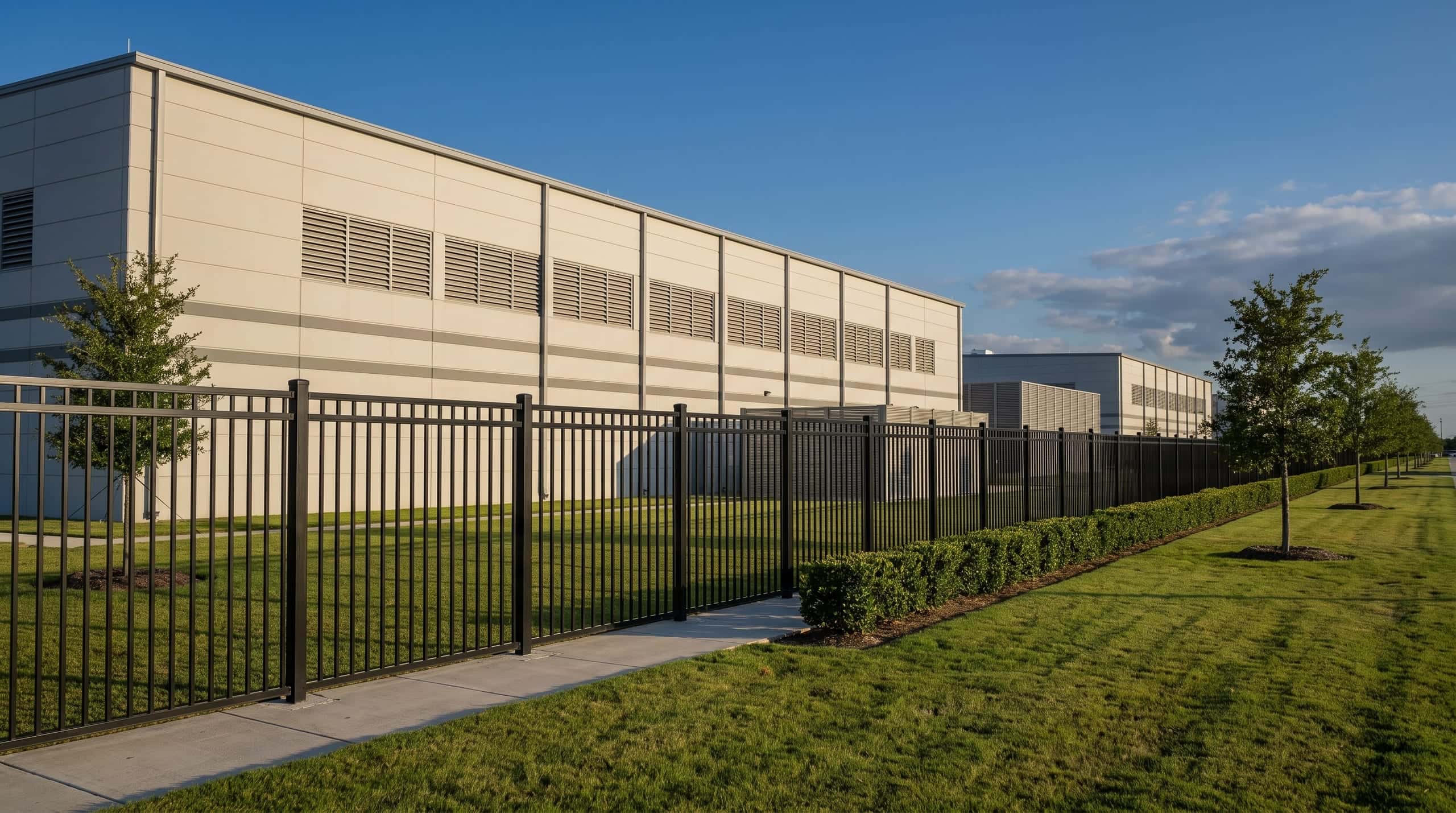 An anti-climb steel perimeter running the length of a data centre west of Fort Worth