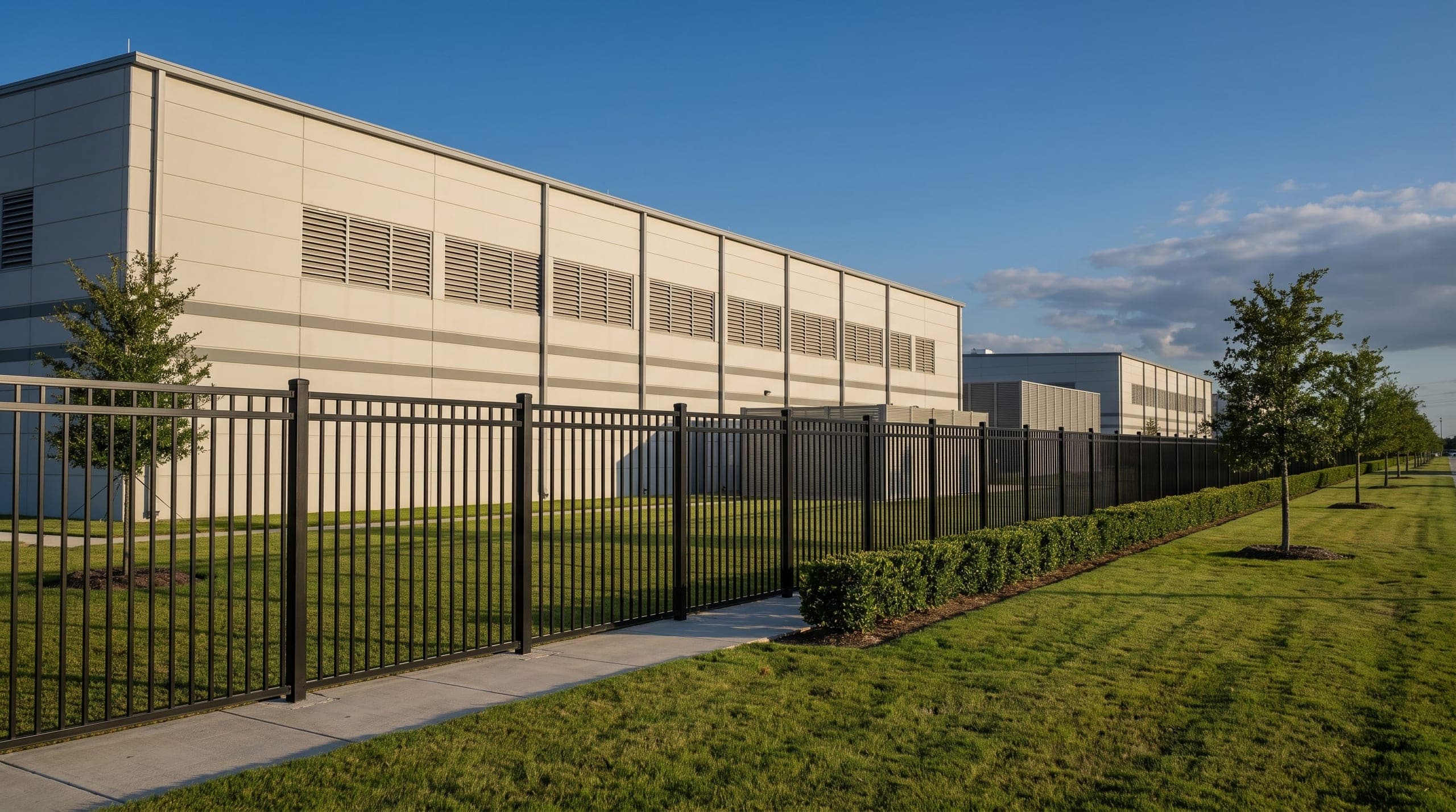 An anti-climb steel perimeter running the length of a data centre west of Fort Worth