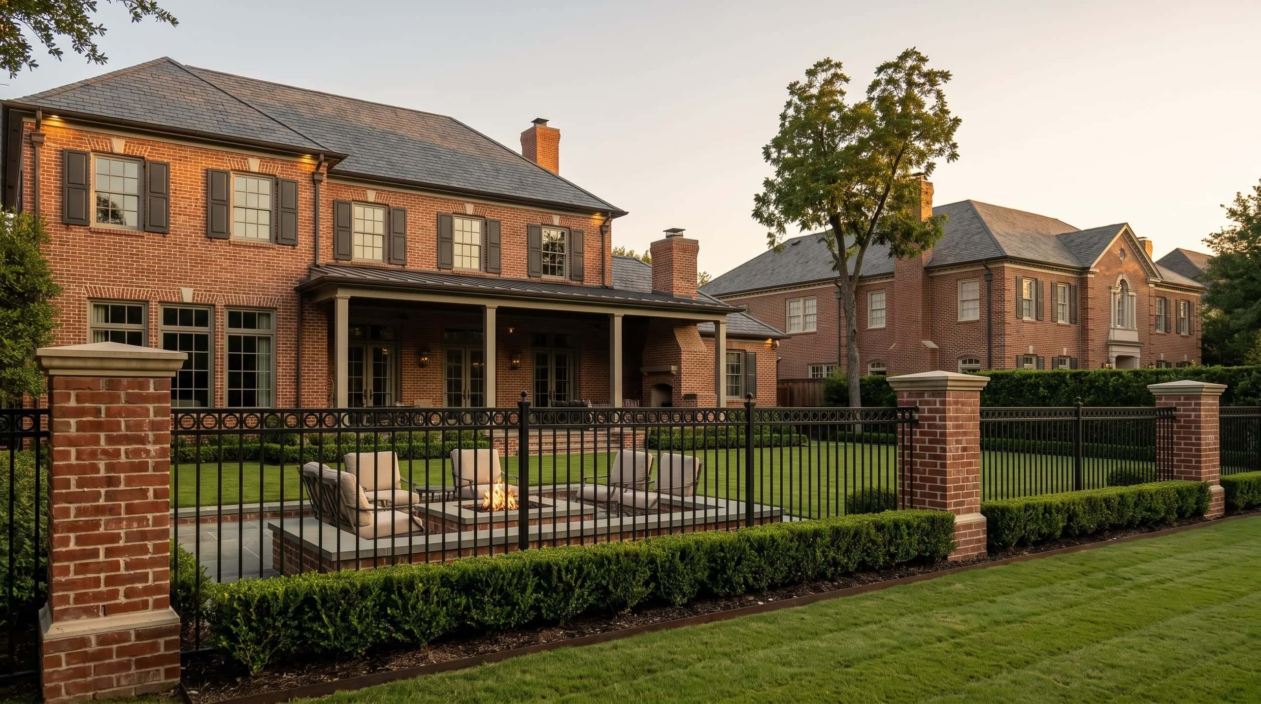 Ornamental iron between brick piers behind a Park Cities home