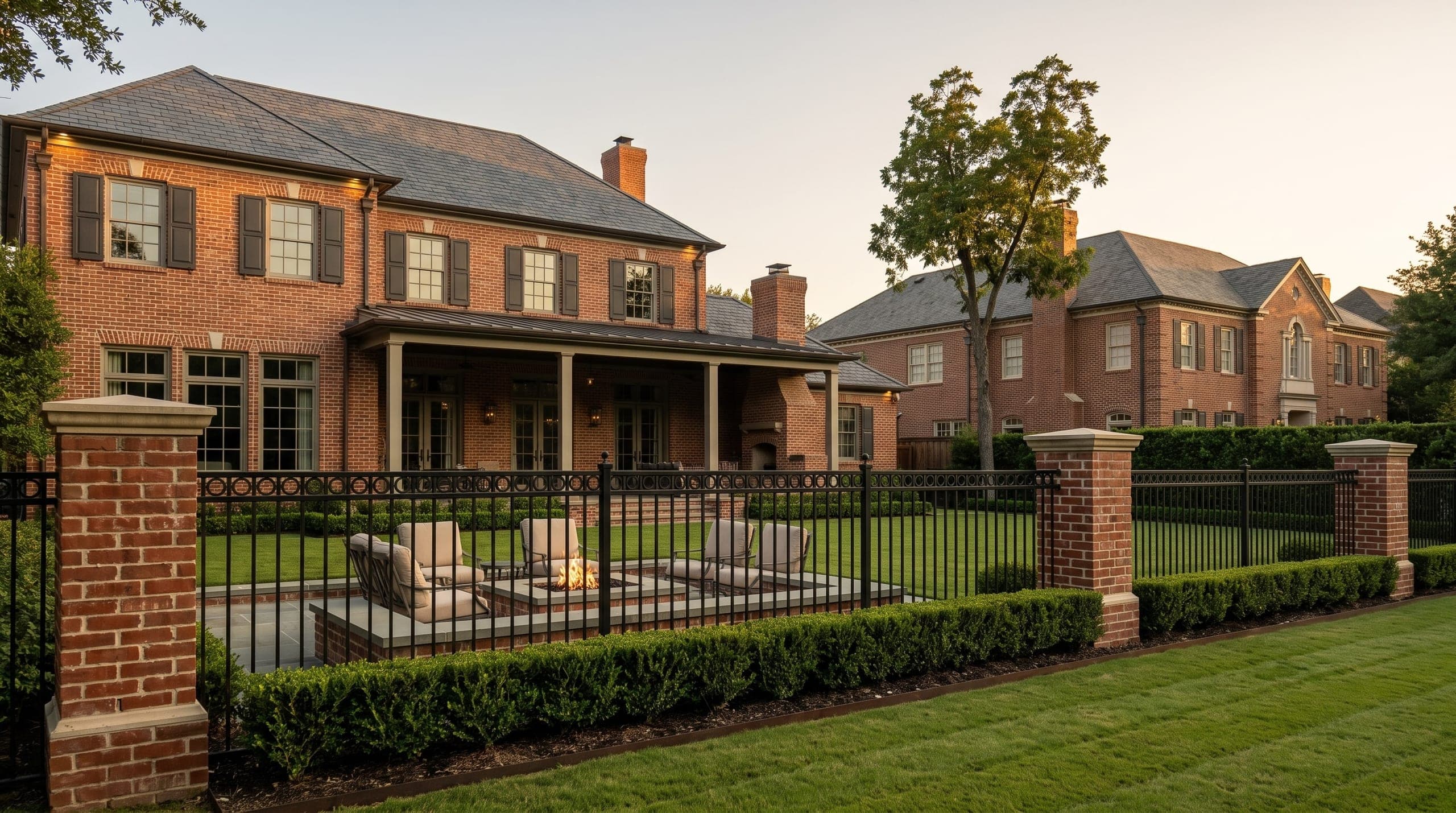 Ornamental iron between brick piers behind a Park Cities home