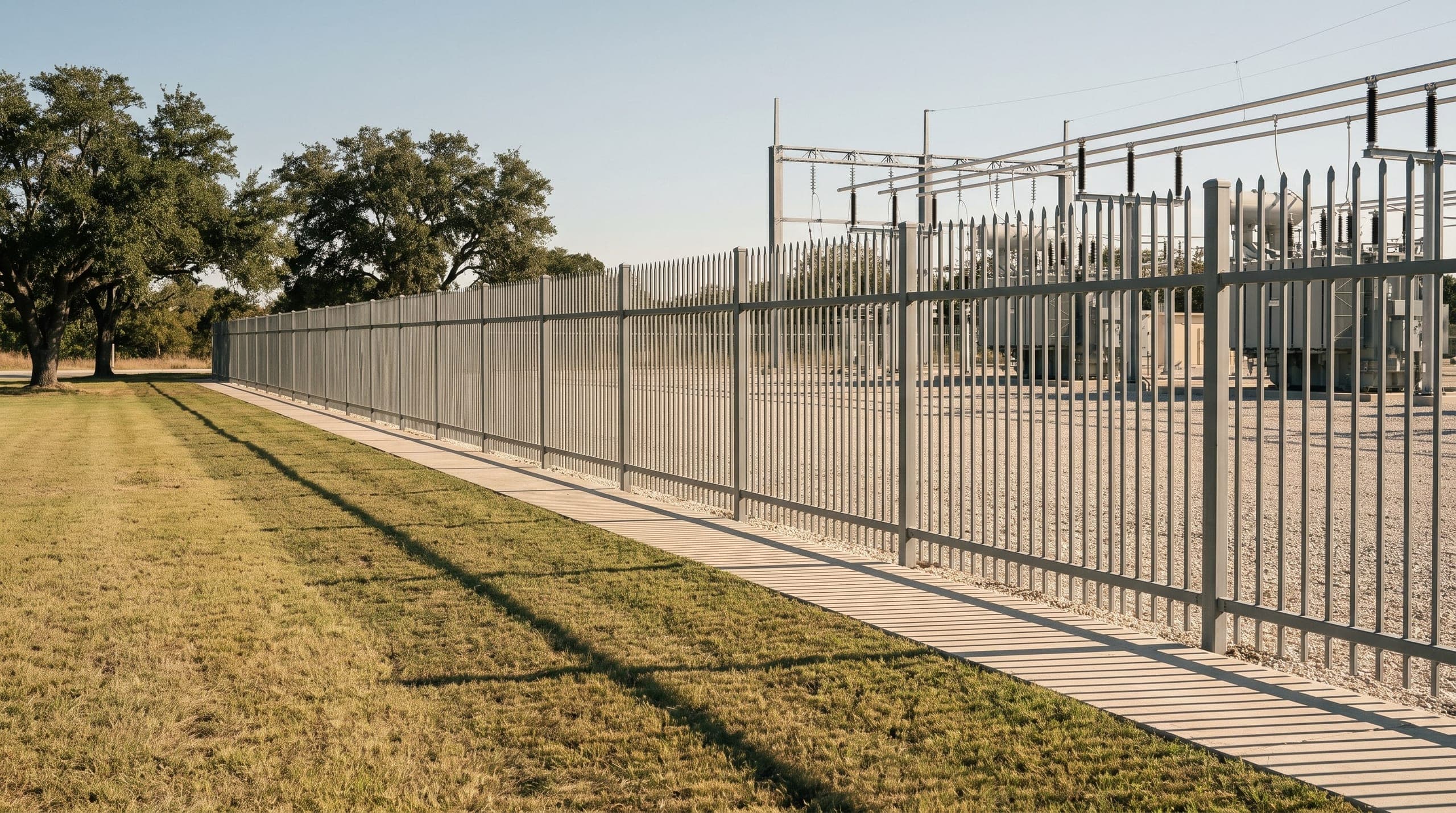 A steel perimeter securing substation plant outside San Antonio