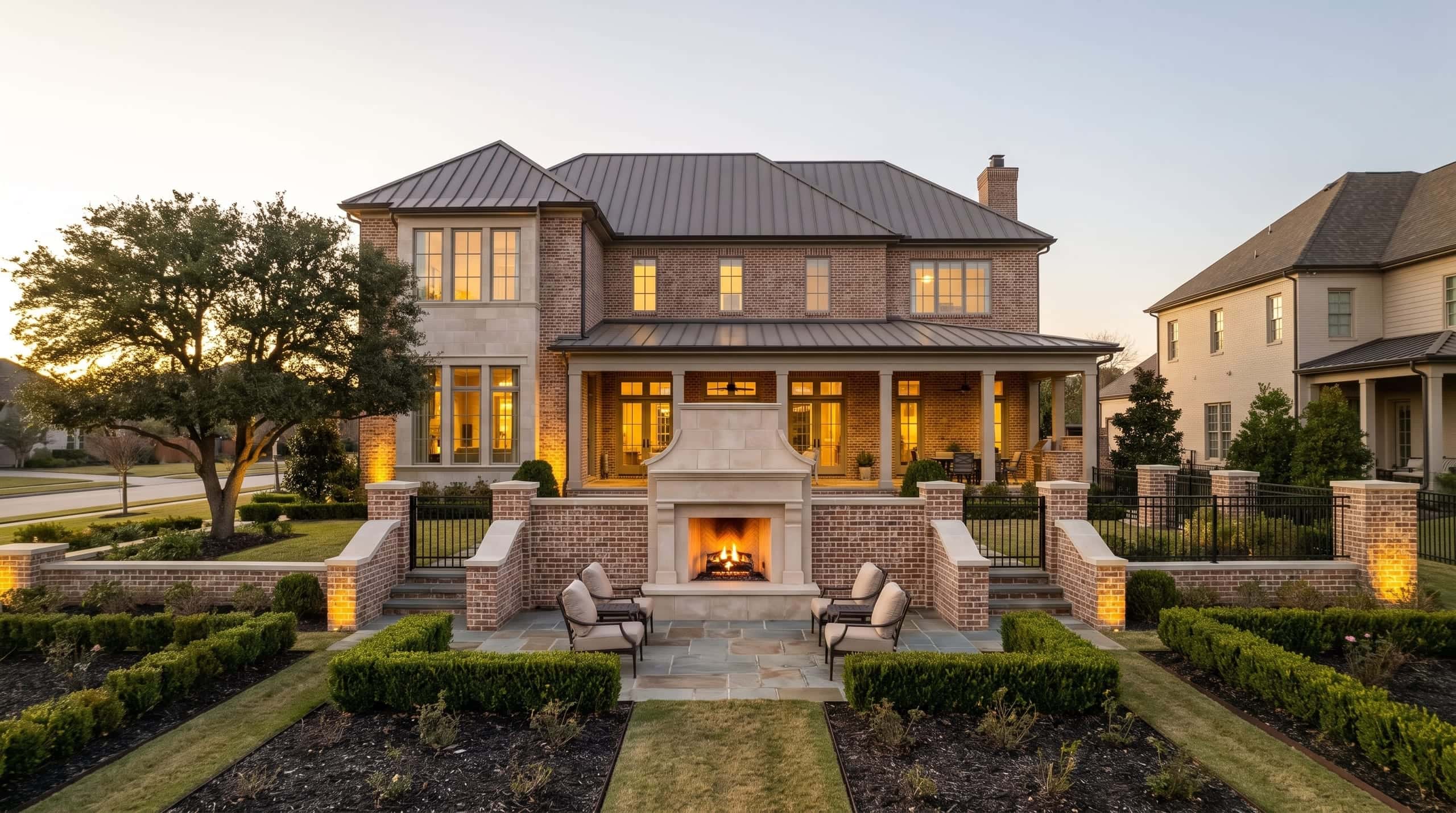 A limestone outdoor fireplace and stone wall behind a Tomball home