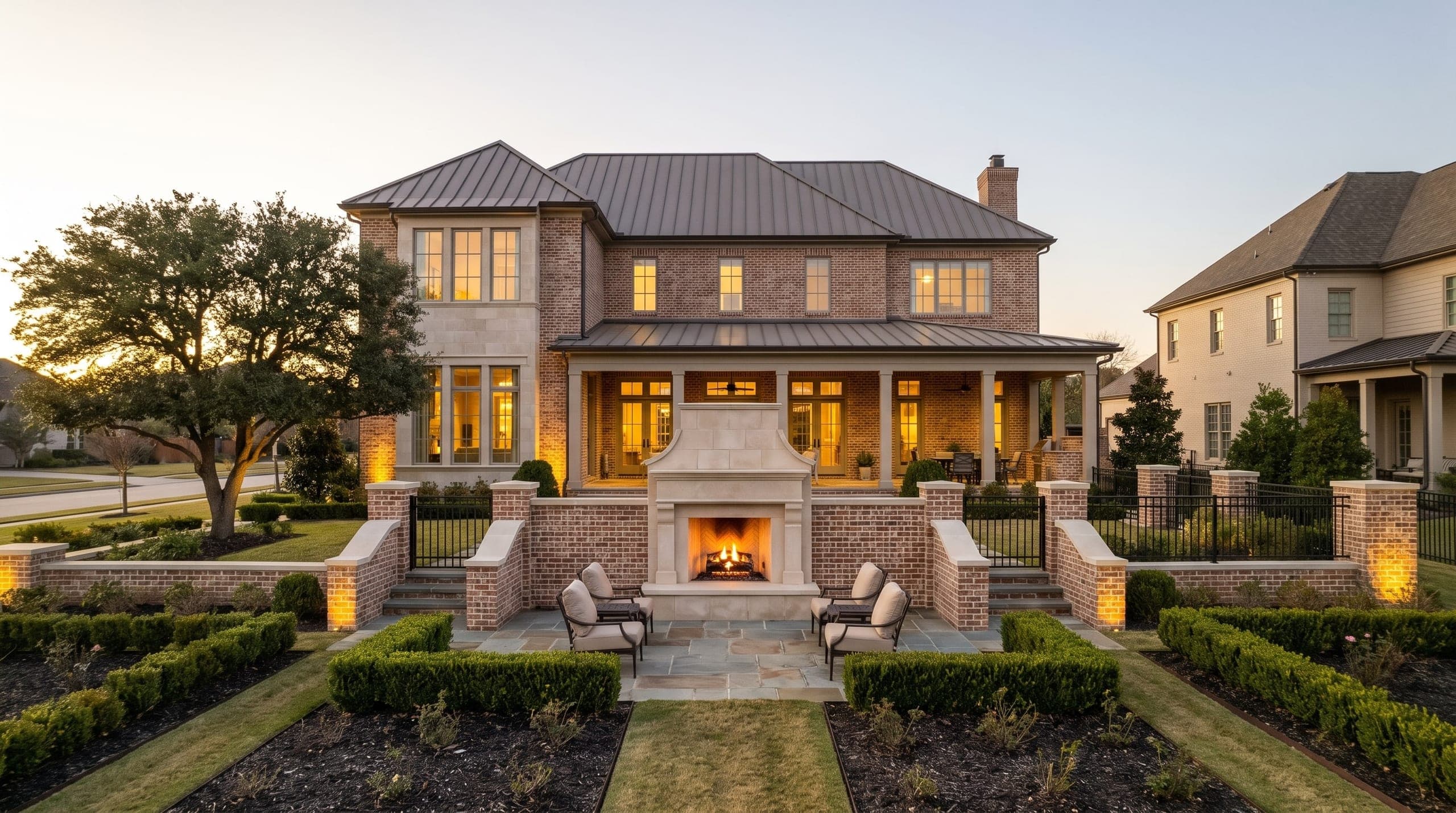 A limestone outdoor fireplace and stone wall behind a Tomball home