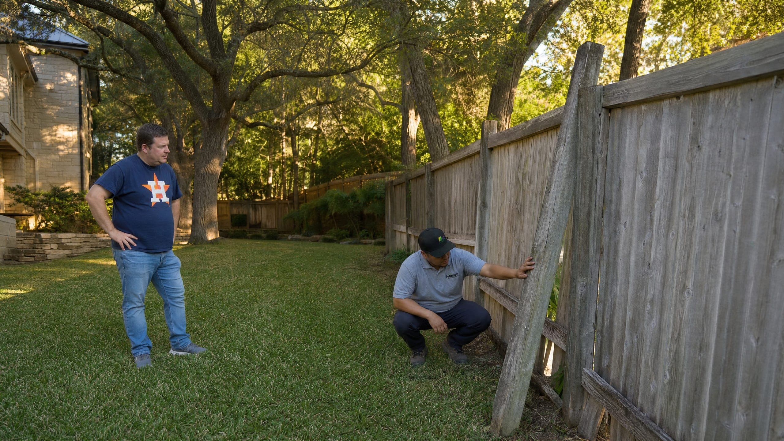 A crew lead checking a leaning post on a tired cedar fence with the homeowner watching