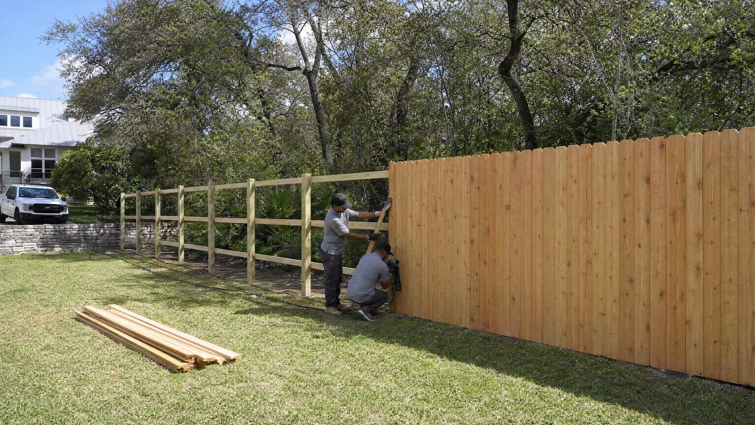Cedar pickets going onto the new frame, half the fence boarded and half still open