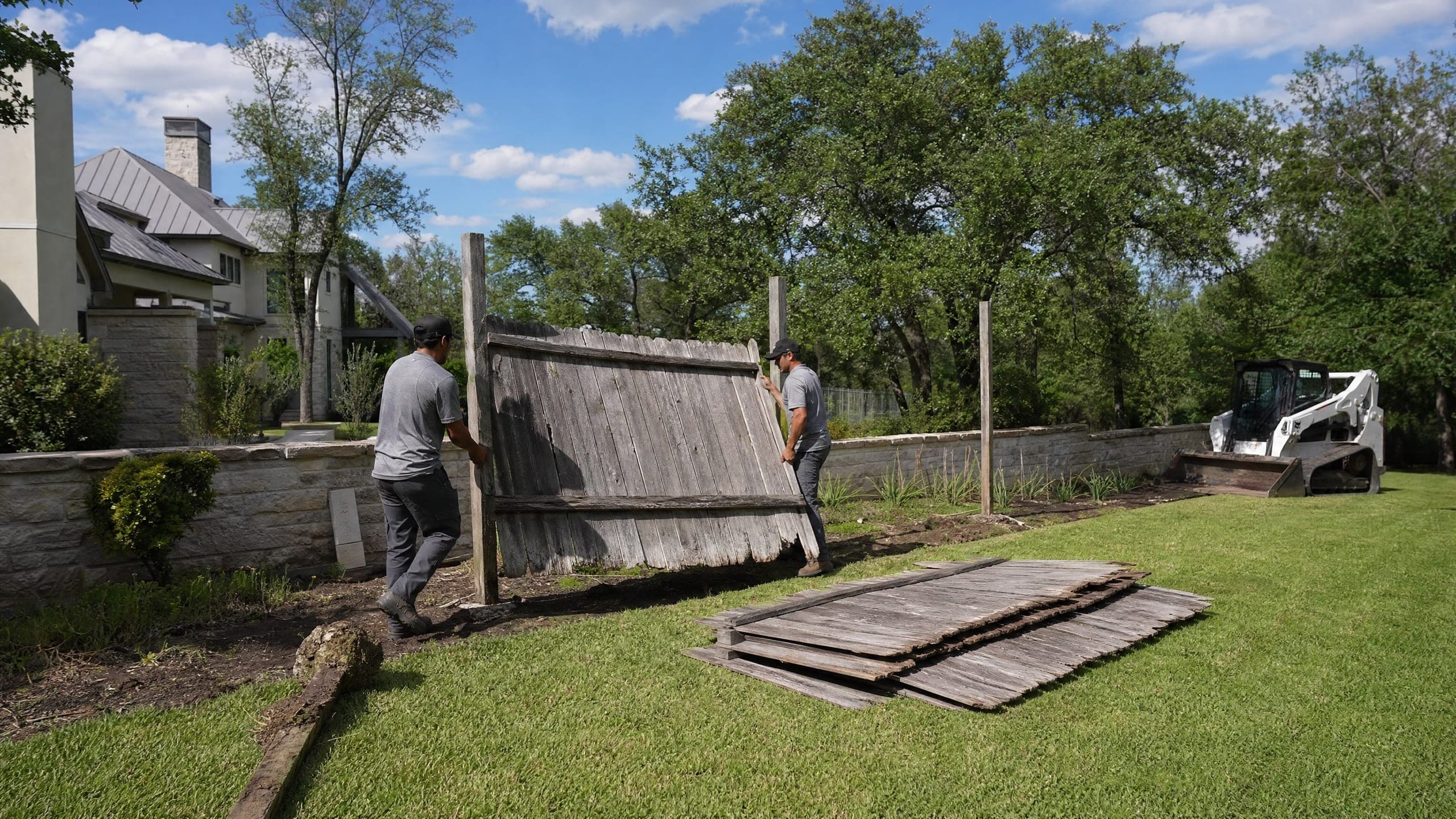 The old fence coming down, panels stacked on the lawn and a post pulled with its footing