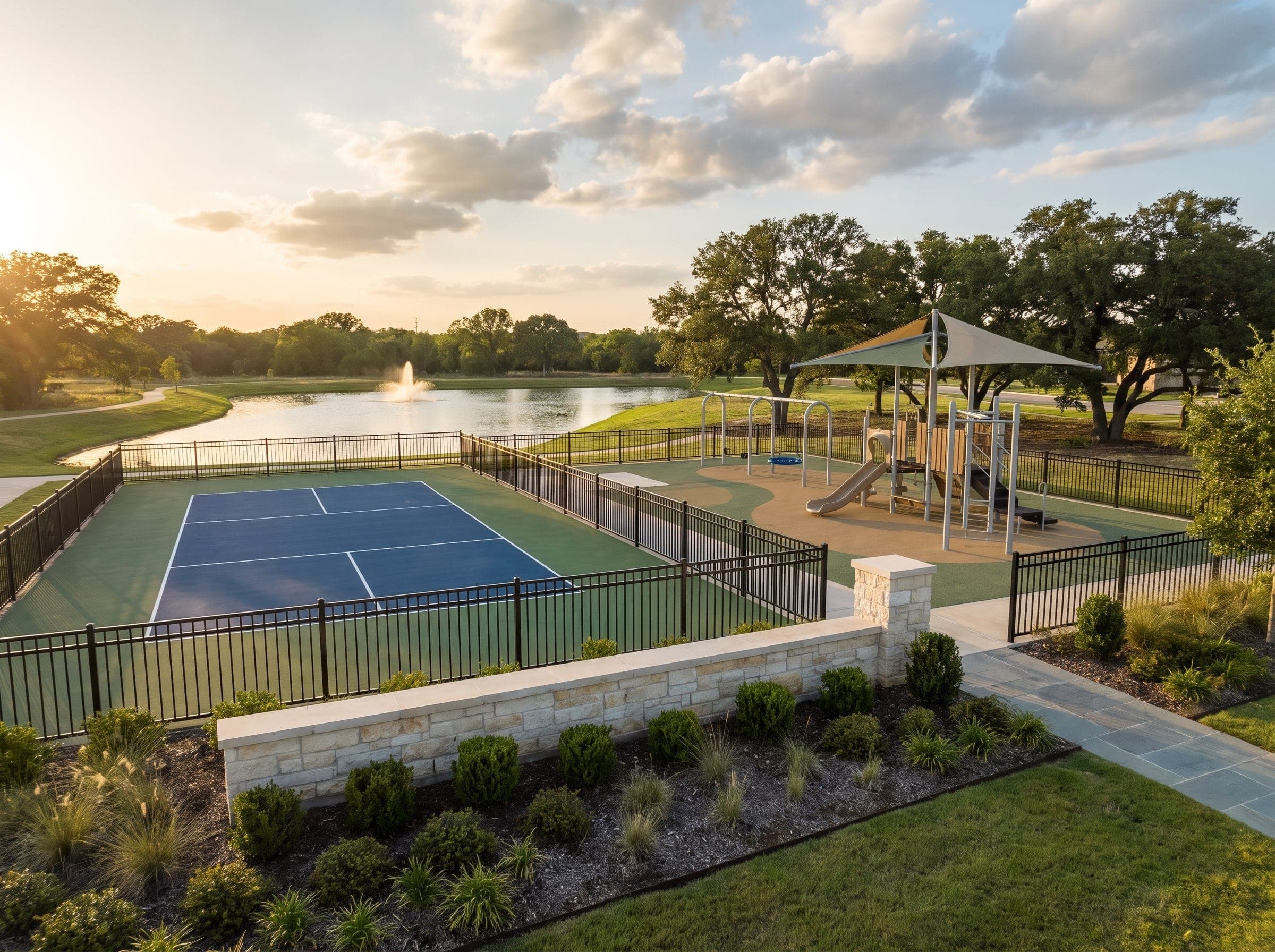 A fenced sport court, playground and stone entry monument at a Texas amenity centre
