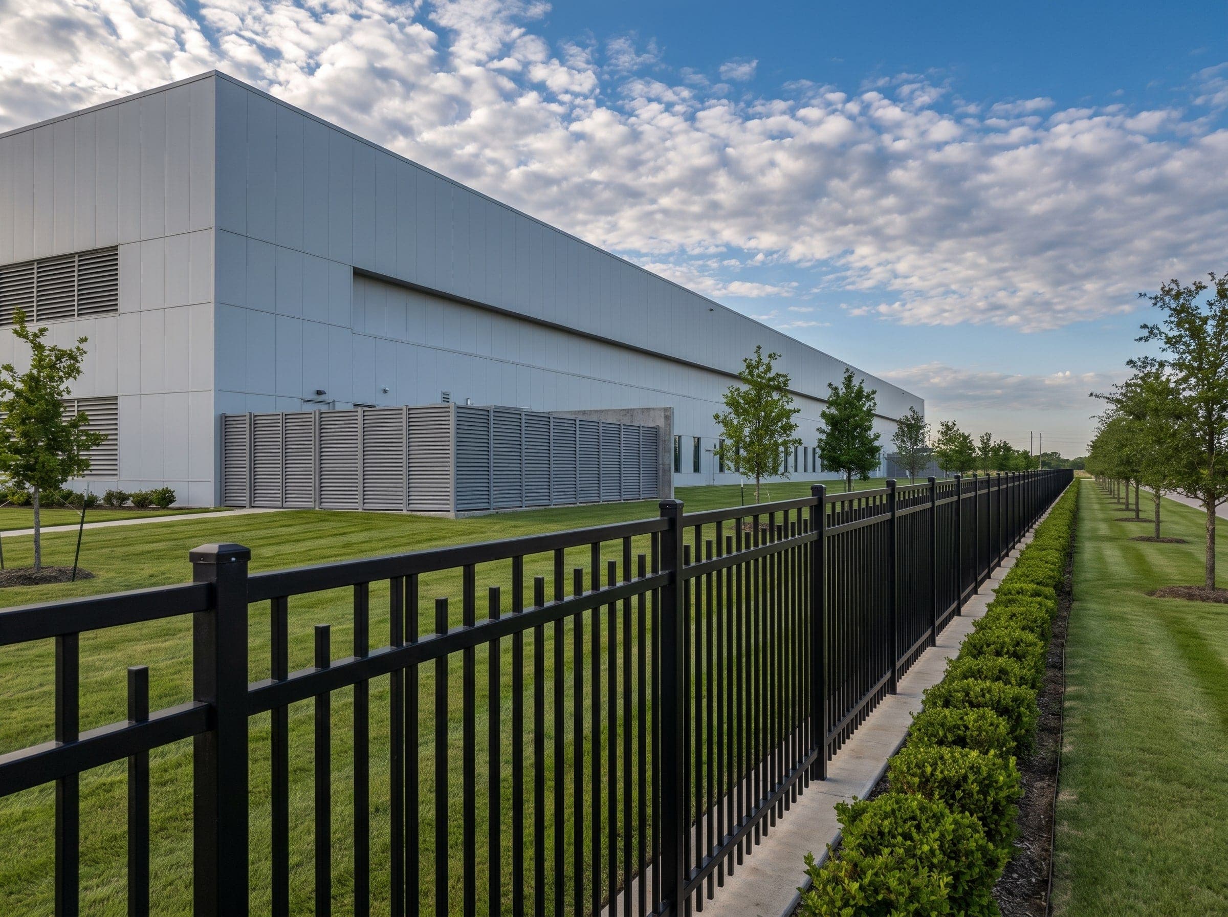 An ornamental steel perimeter along a modern Texas industrial campus