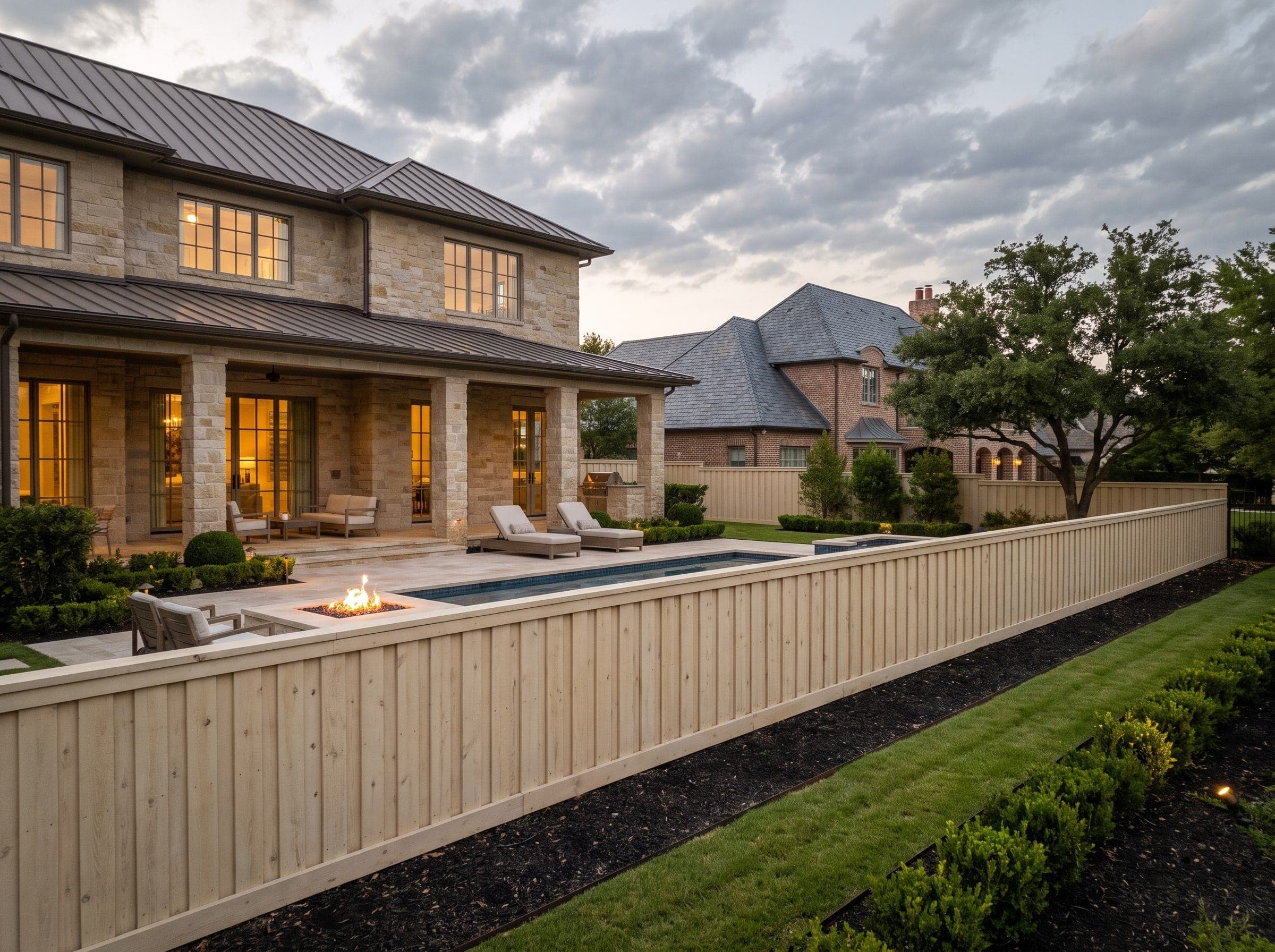 A new cedar privacy fence behind the pool terrace of a Texas home