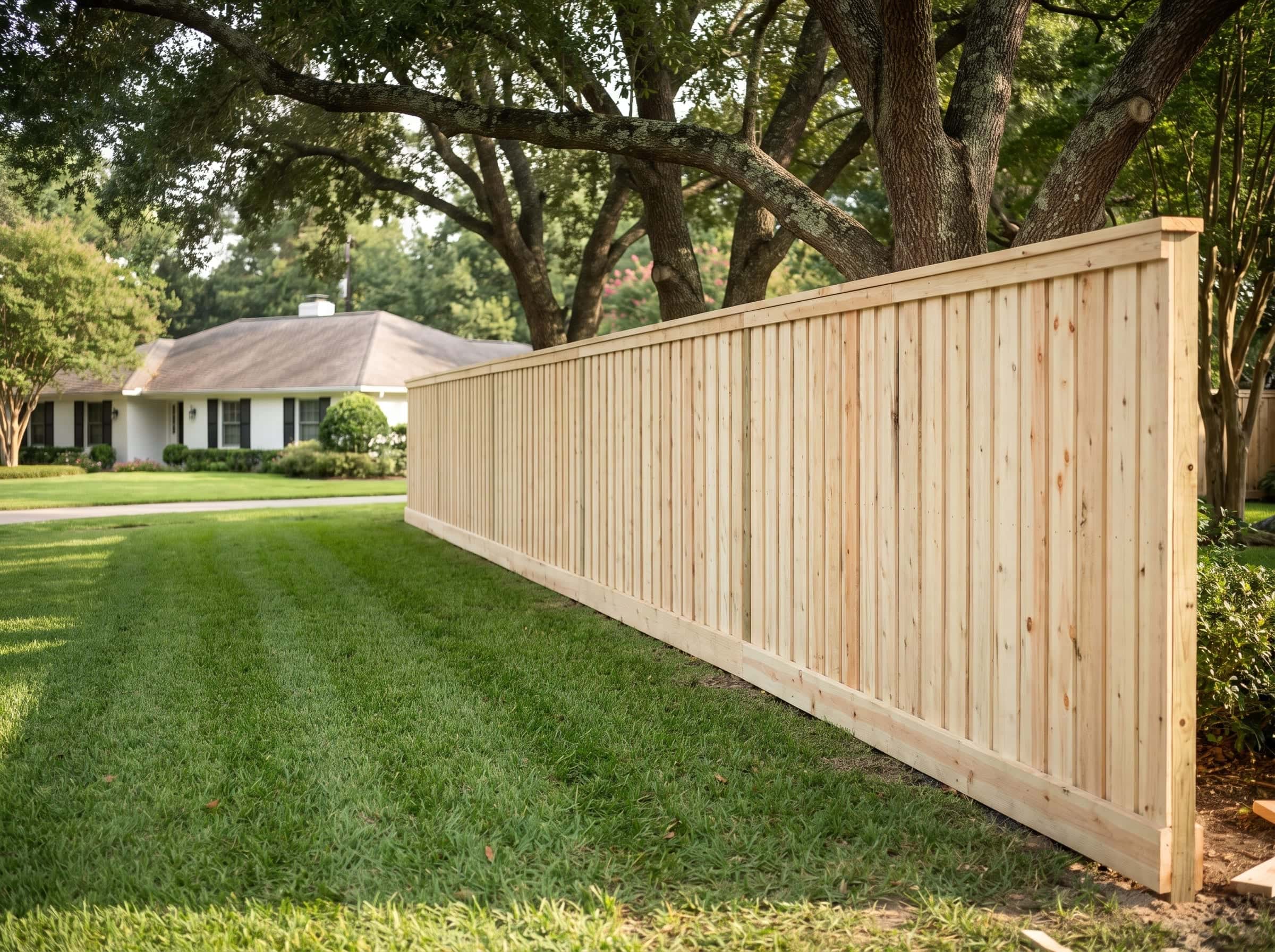 A long, unbroken line of new board-on-board cedar fence across a large established Texas lot