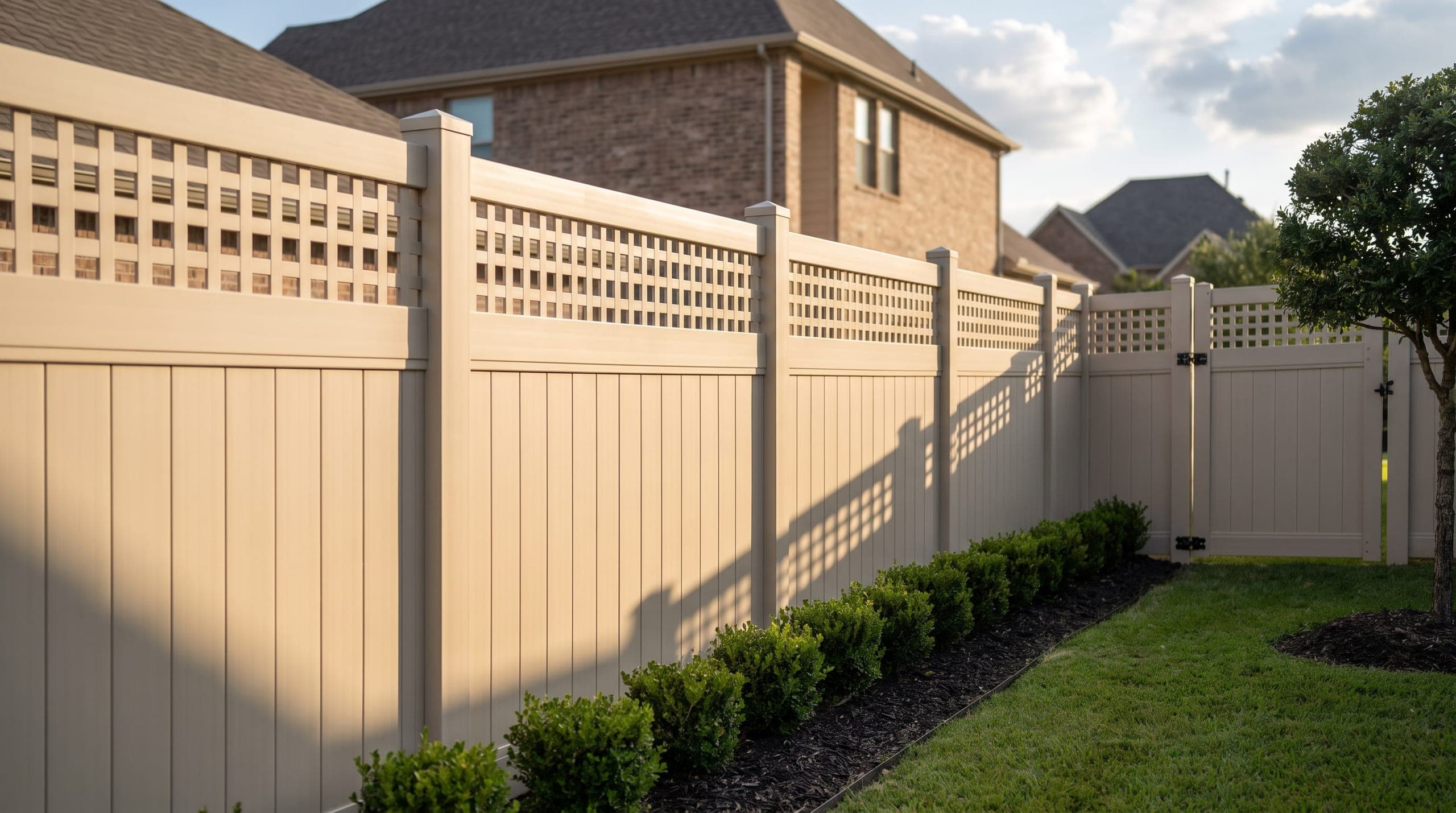 A tan vinyl privacy fence with a lattice top and a matching gate, along a back garden bed