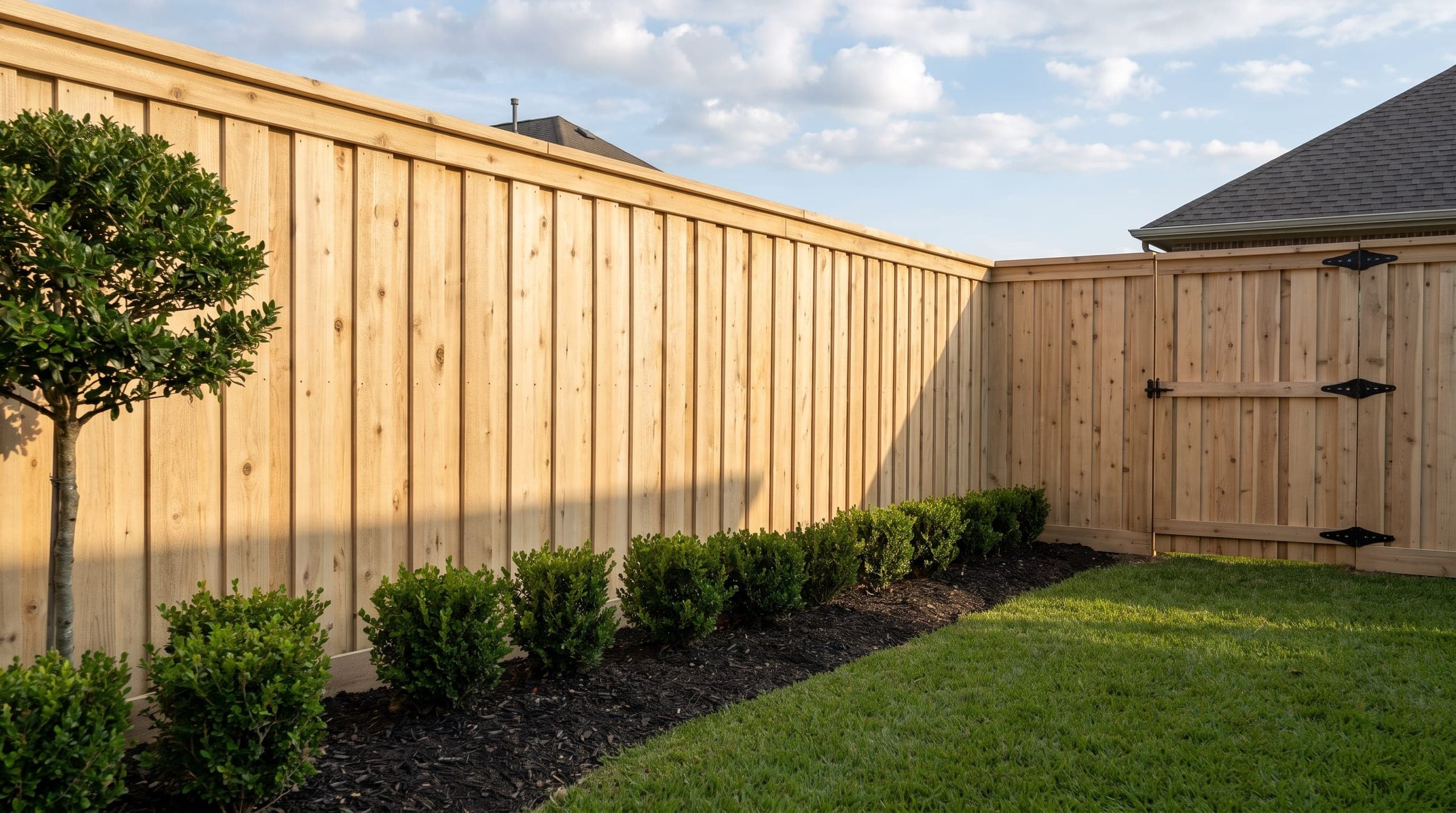 A cedar board-on-board fence with a flat cap rail and trim, and a matching gate at the far end