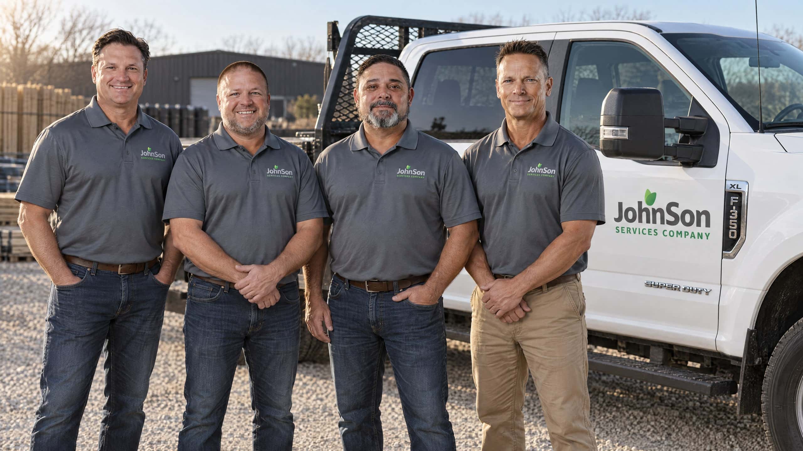 Four of the Johnson Fence leadership team standing in front of a company truck at a fence yard.