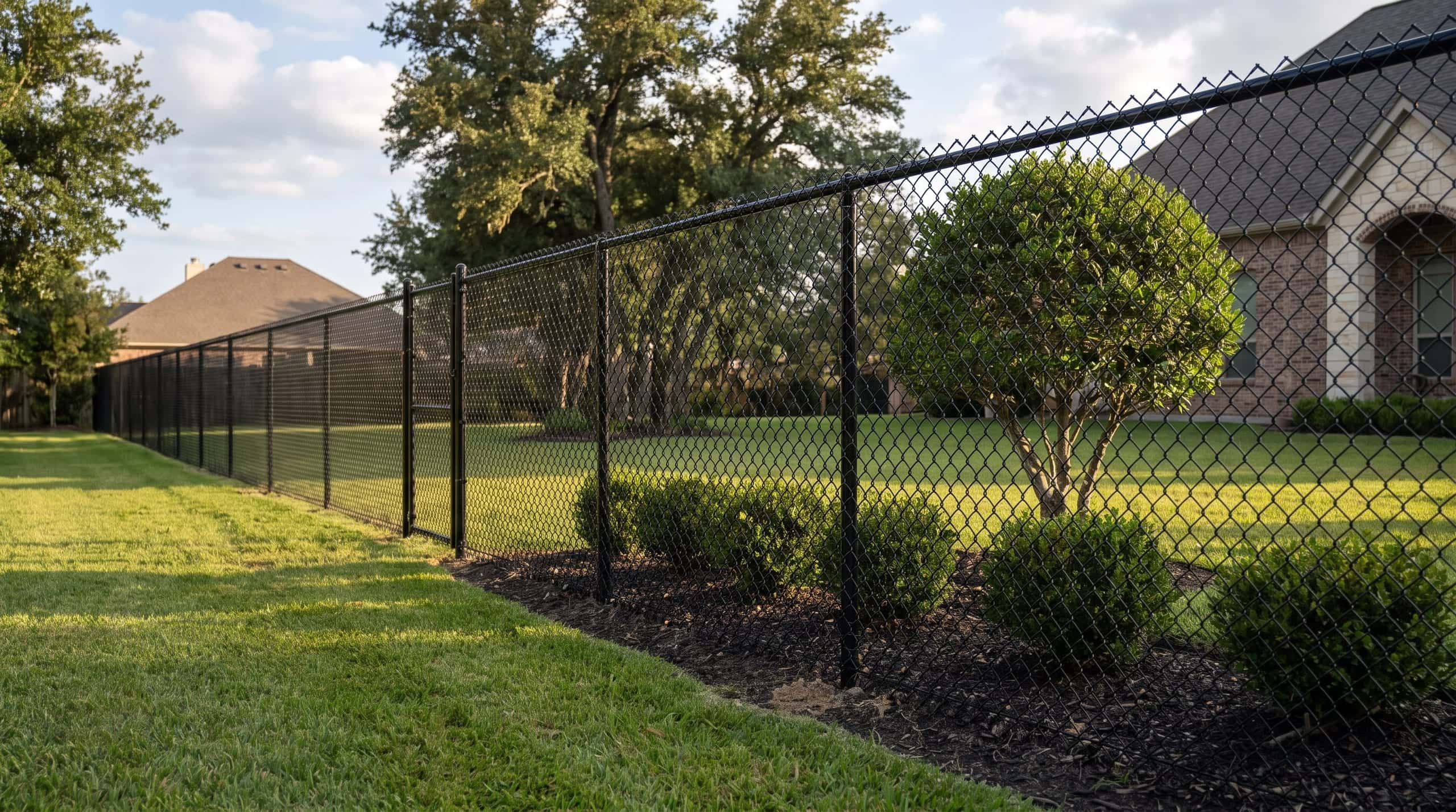 A black coated chain link fence along a back yard tree line, with a matching walk gate at the far end