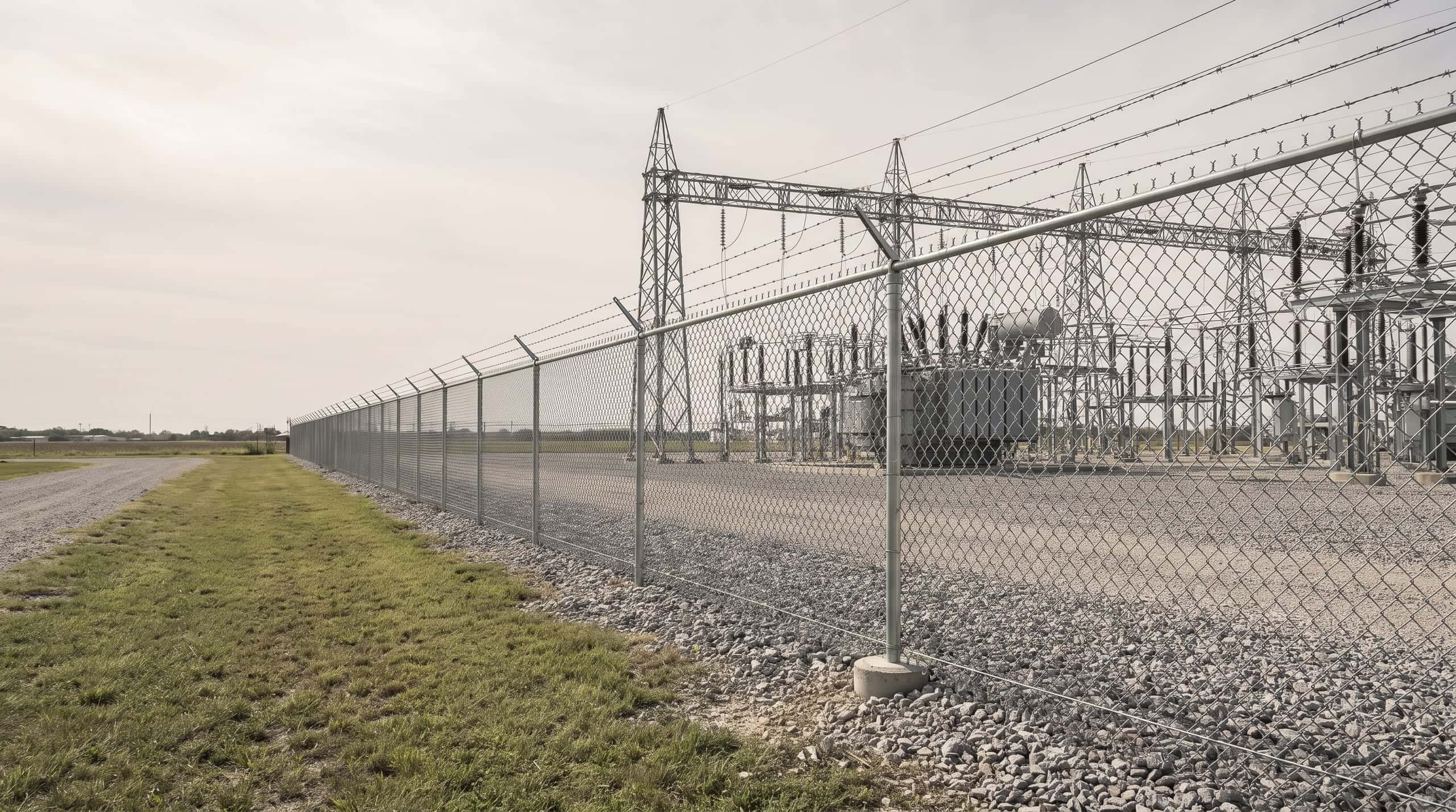 Commercial fencing on a Texas substations site, built by Johnson Fence.
