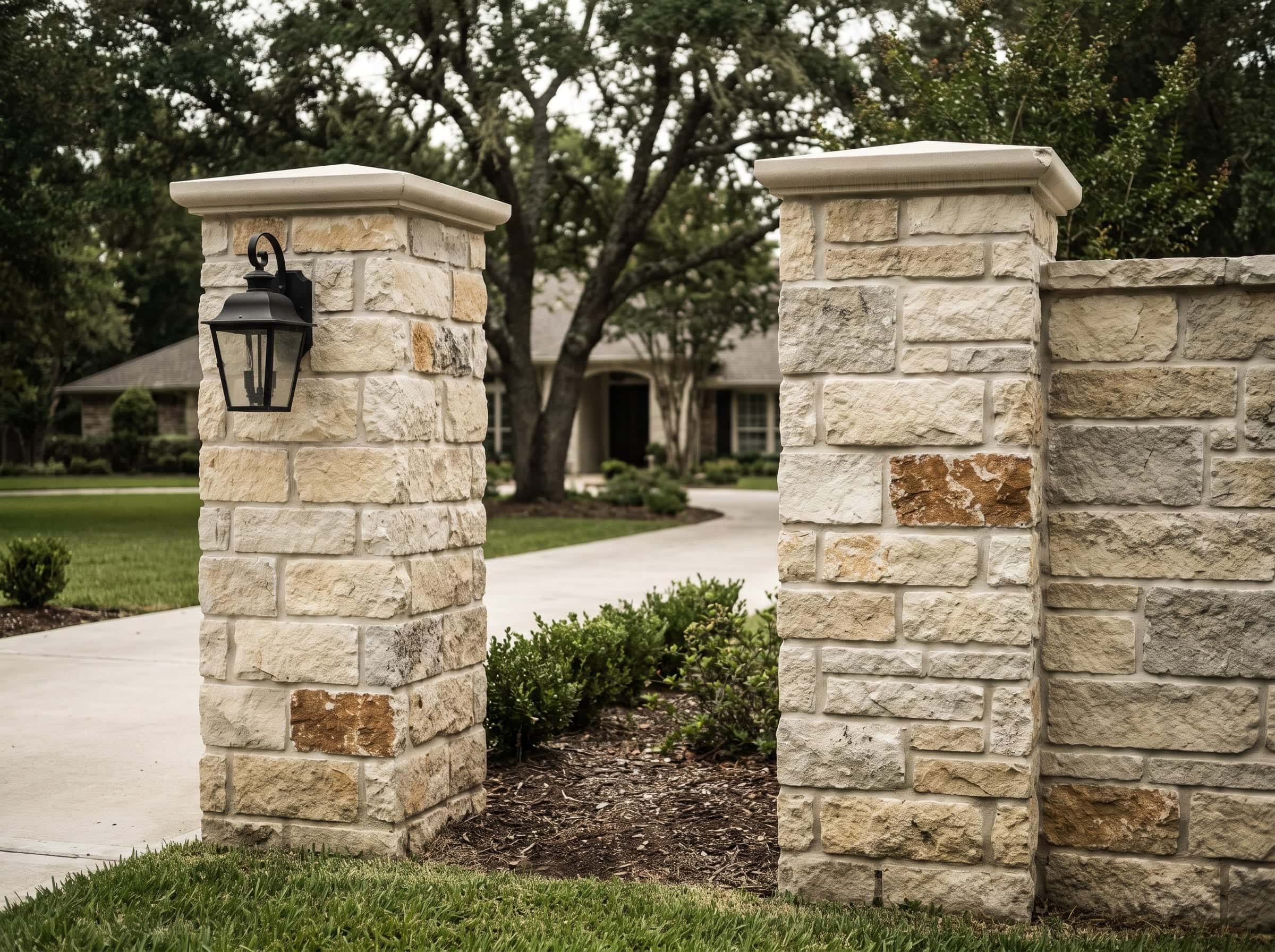 A brick and stone fence built by a Johnson crew in Texas.