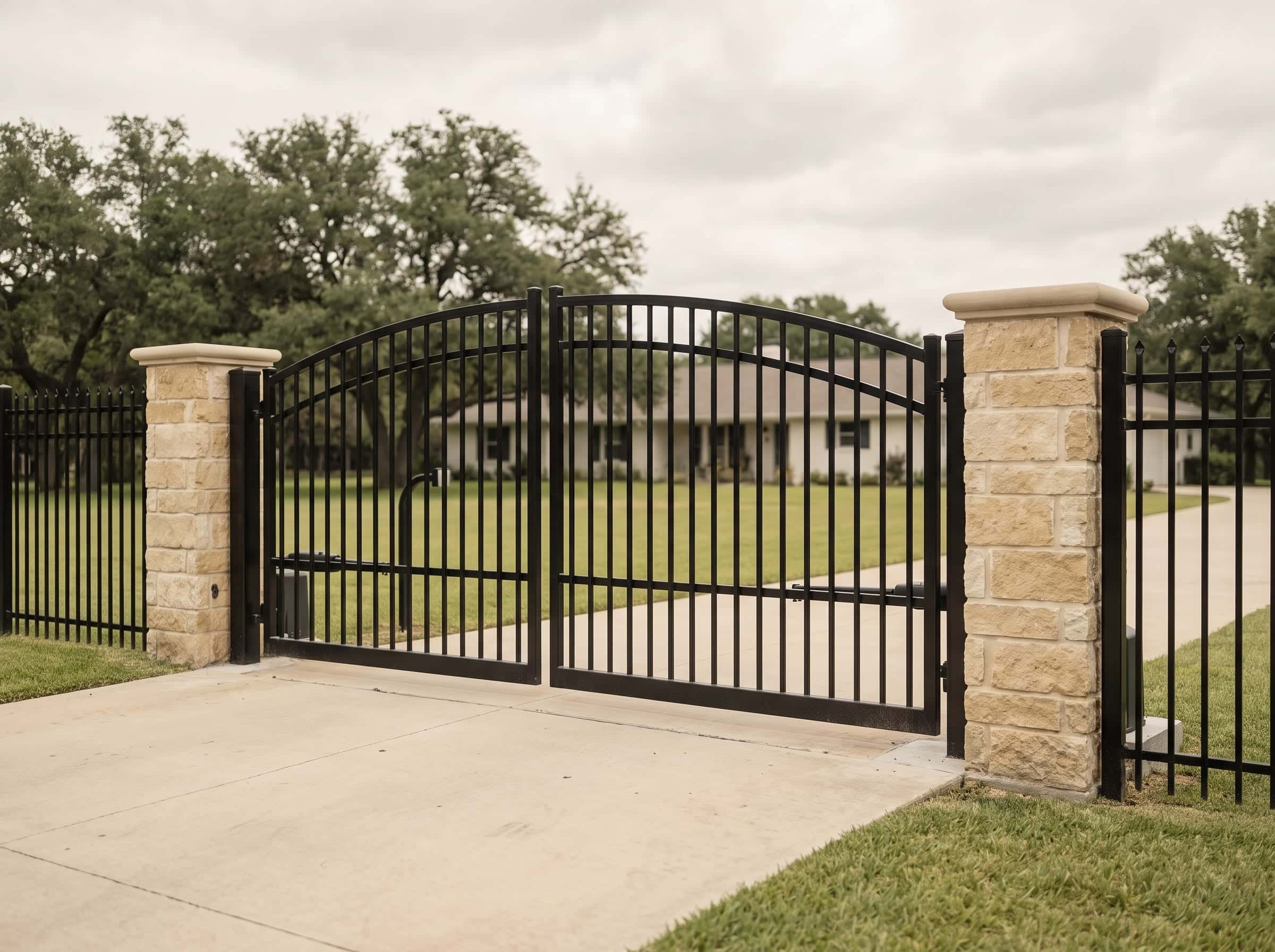 An iron driveway gate on masonry columns, built by Johnson Fence.