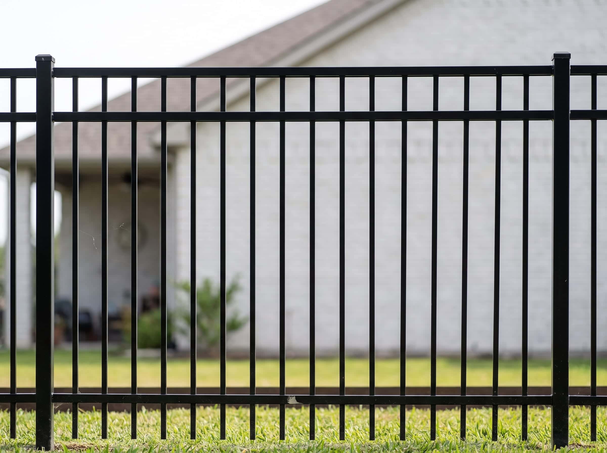 A flat-top ornamental steel fence along a Texas front lawn